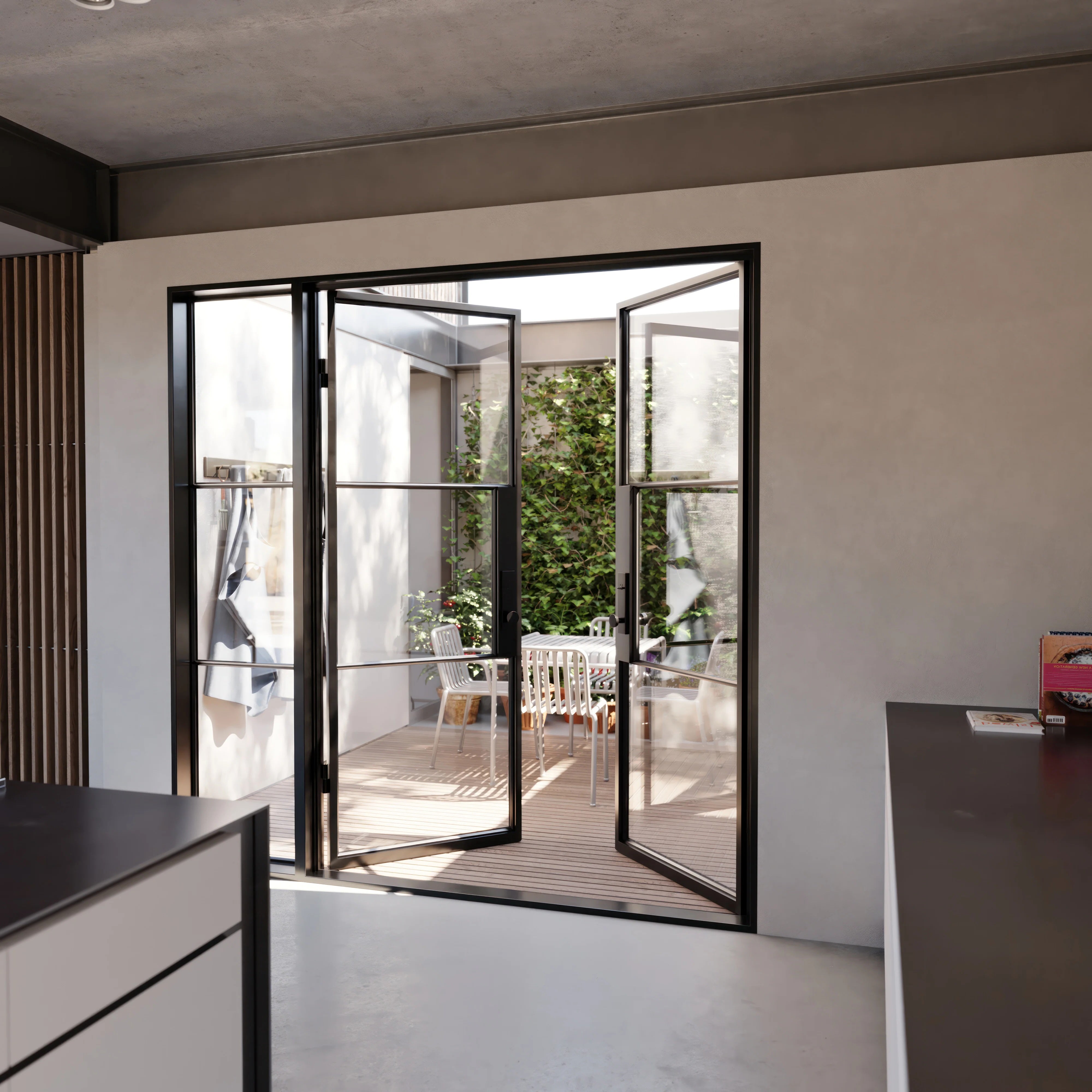Air 4 double flat modern steel door with right sidelight, cold rolled frame