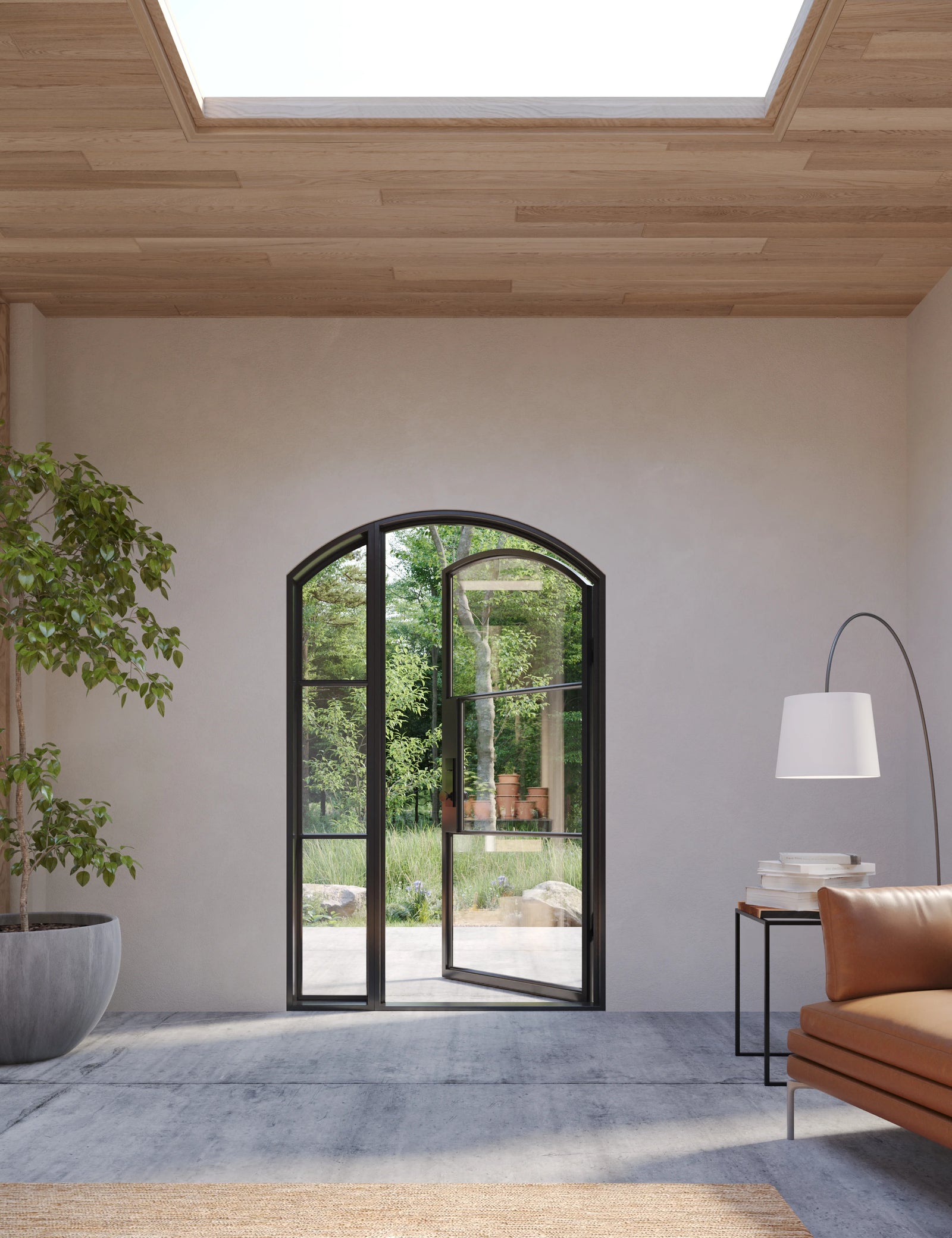 modern arched entry door with left side glass and insulated steel build