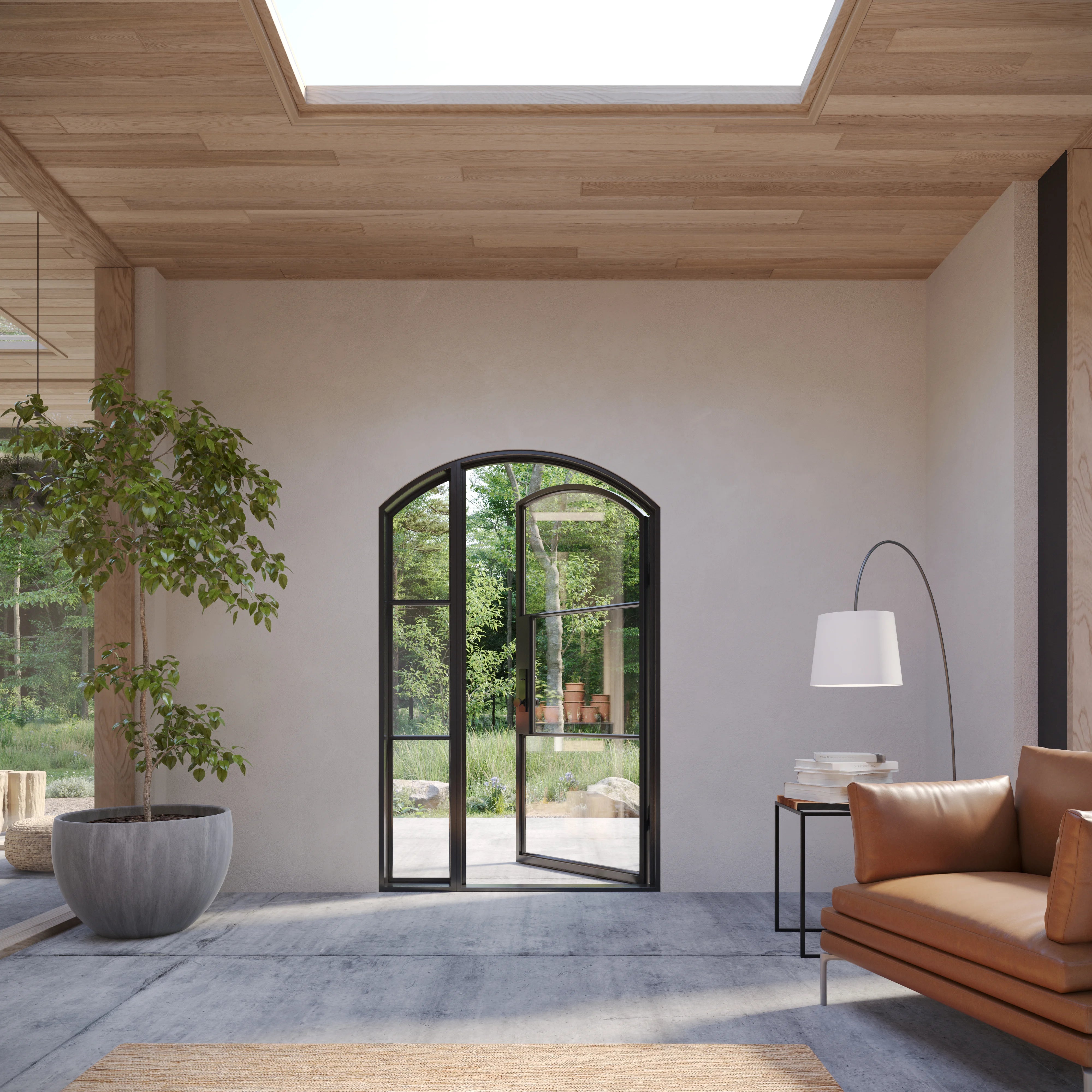 modern arched entry door with left side glass and insulated steel build