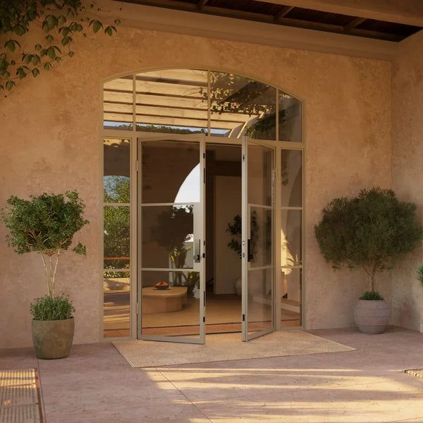 Air 4 black steel double entry with side windows and curved transom