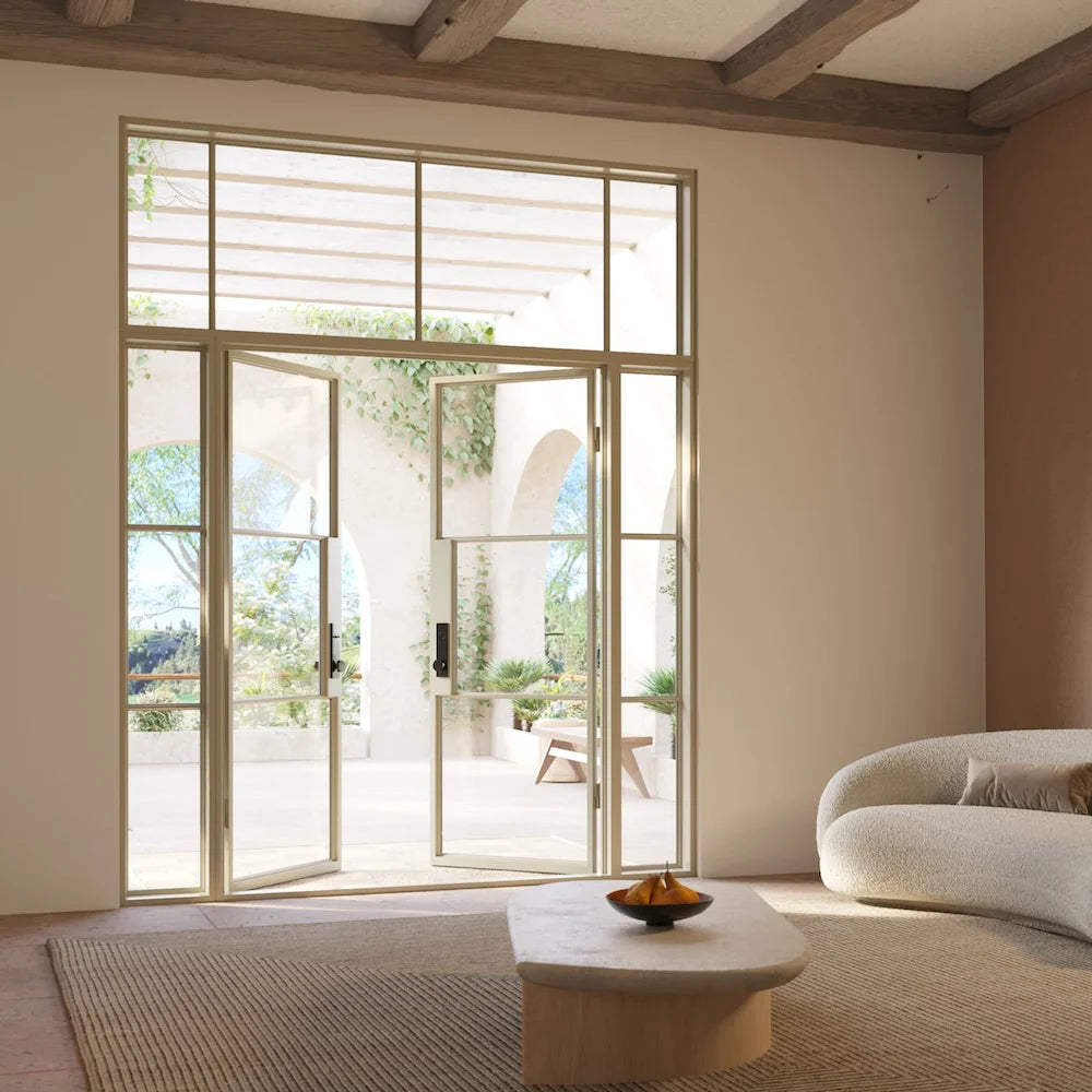 Air 4 double flat entry door with sidelights and flat top window, NFRC-Rated steel frame