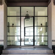 Air 4 black steel entry with side windows and flat top glass