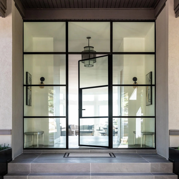Air 4 black steel entry with side windows and flat top glass