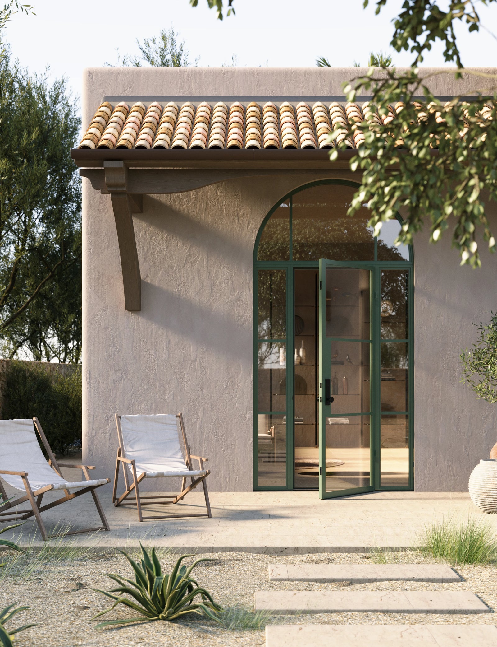 Air 4 single flat steel door with sidelights and full arch glass, automotive finish