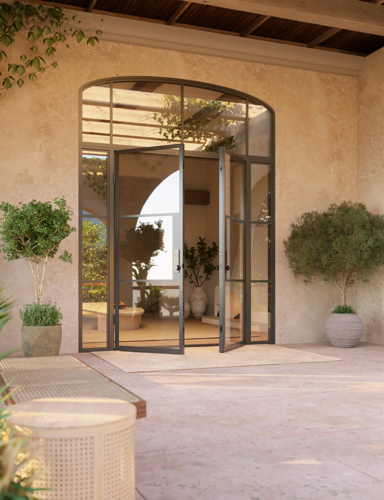 Air 4 double flat entry door with sidelights and mini arch top window, NFRC-Rated steel frame