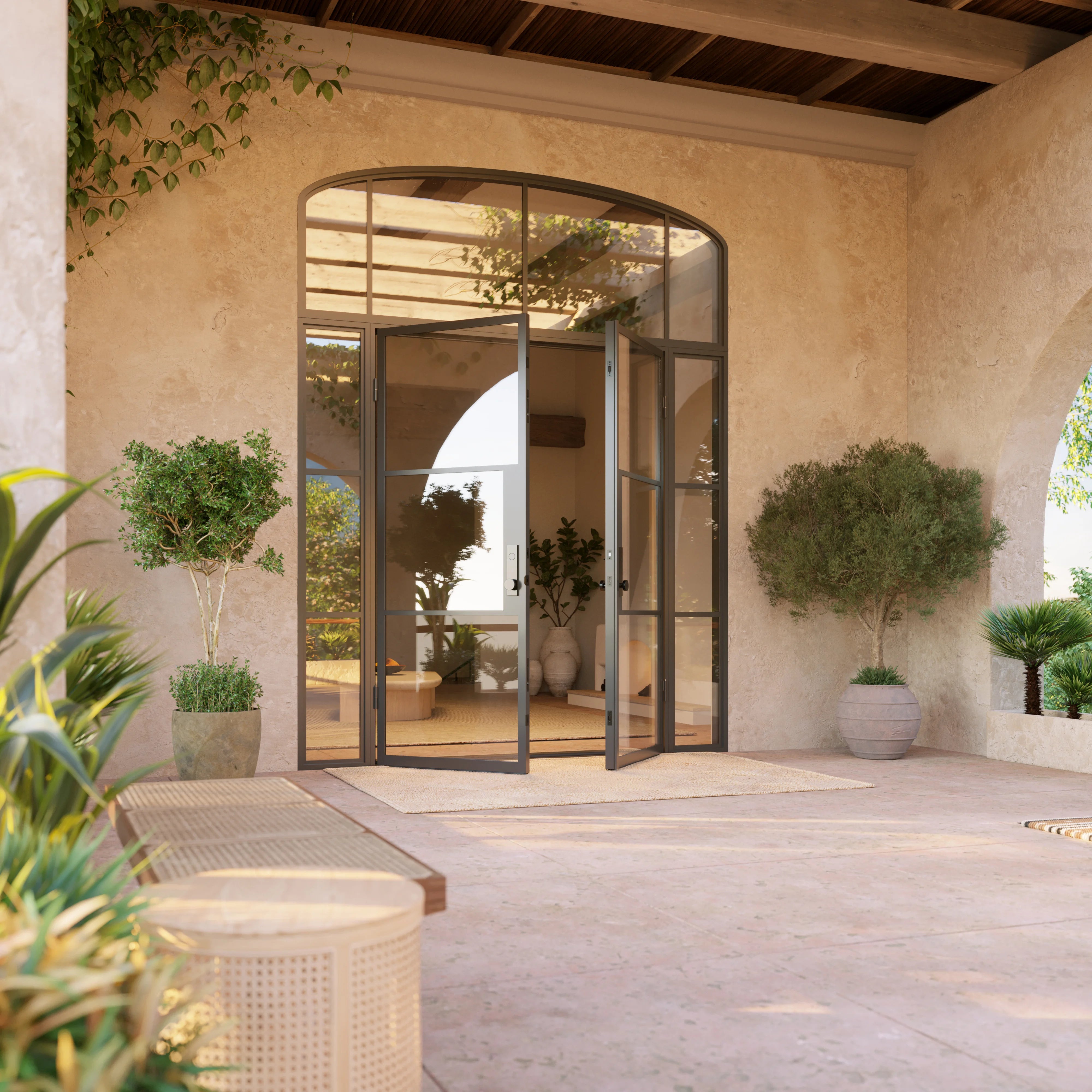 Air 4 double flat entry door with sidelights and mini arch top window, NFRC-Rated steel frame