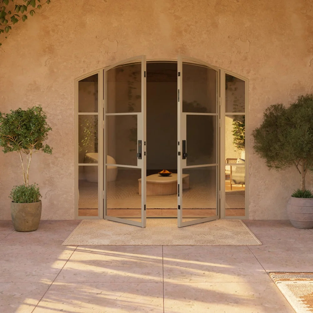 Air 4 arched double entry doors with sidelights and sleek black steel