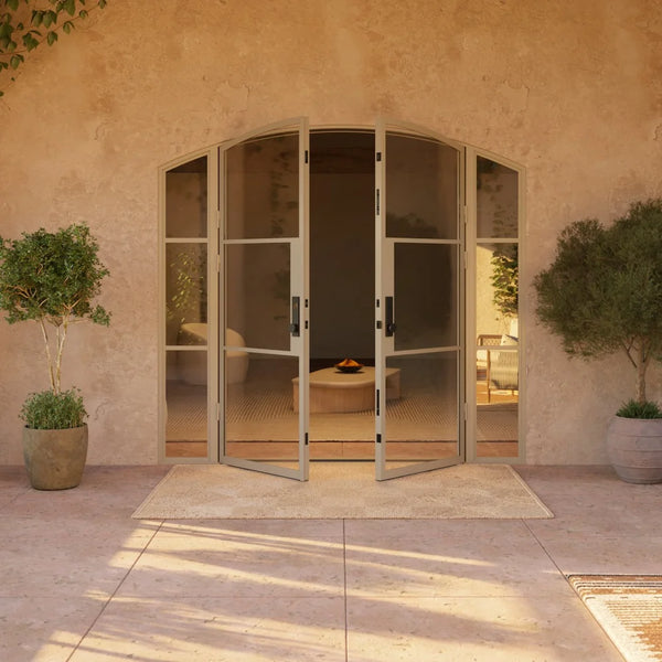 Thermally broken double arch steel entry door with sidelights