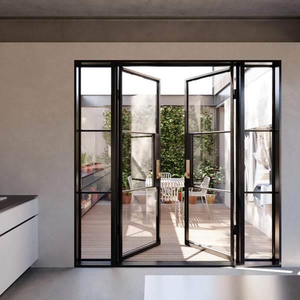 Thermally broken double steel entry door with side glass panels