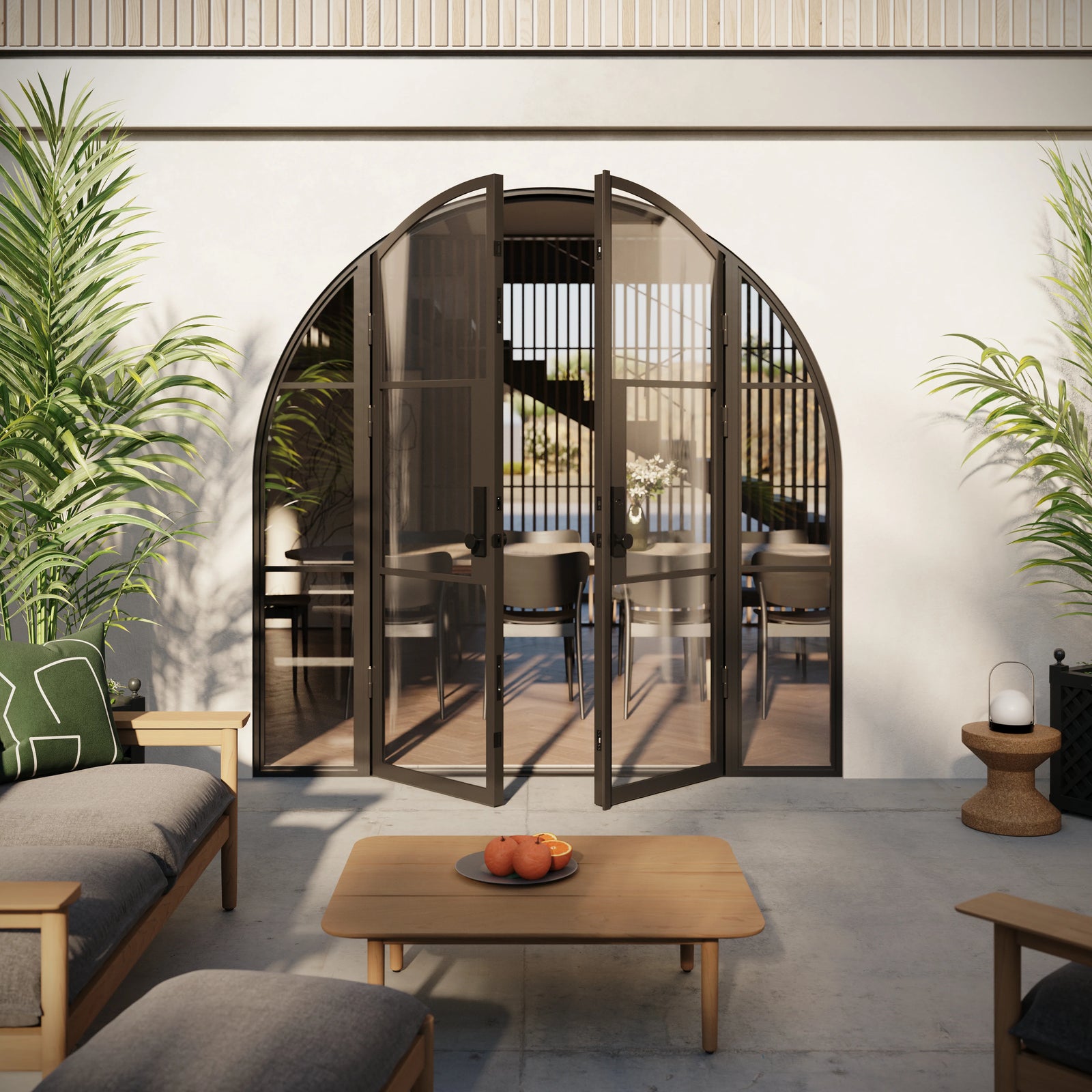 Thermally broken double arched steel entry door with side glass