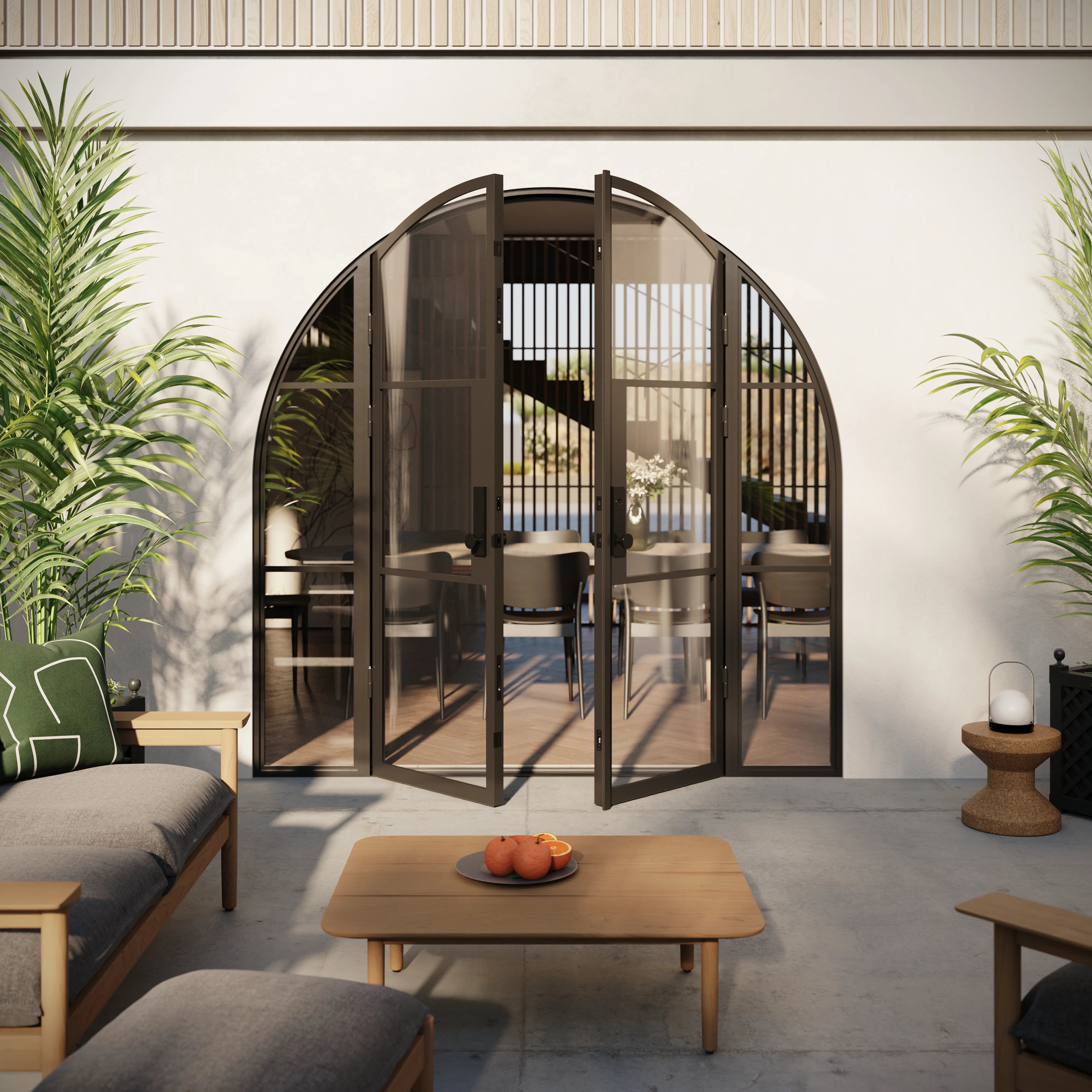 Thermally broken double arched steel entry door with side glass