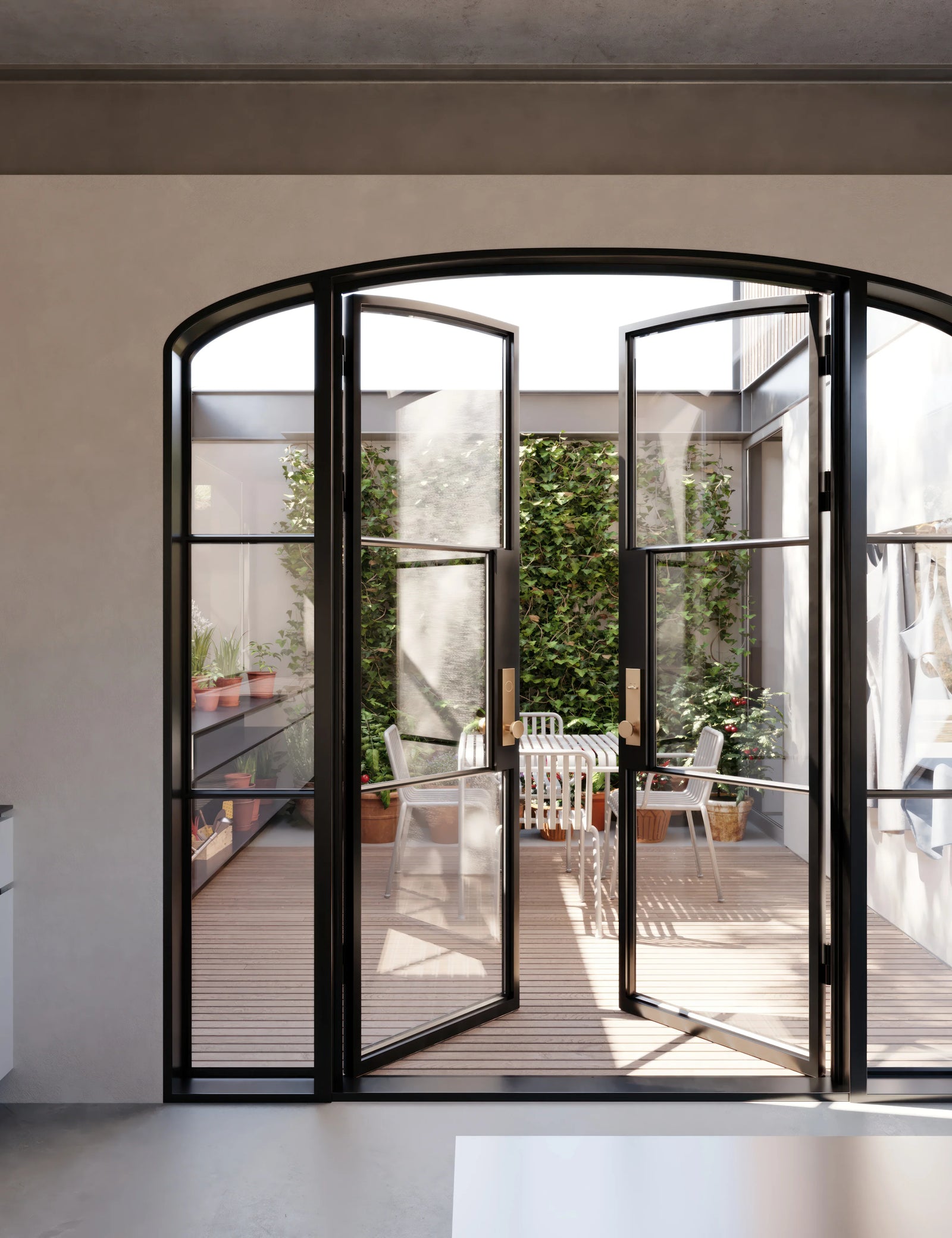 Air 4 double mini arch entry doors with sidelights in durable black steel