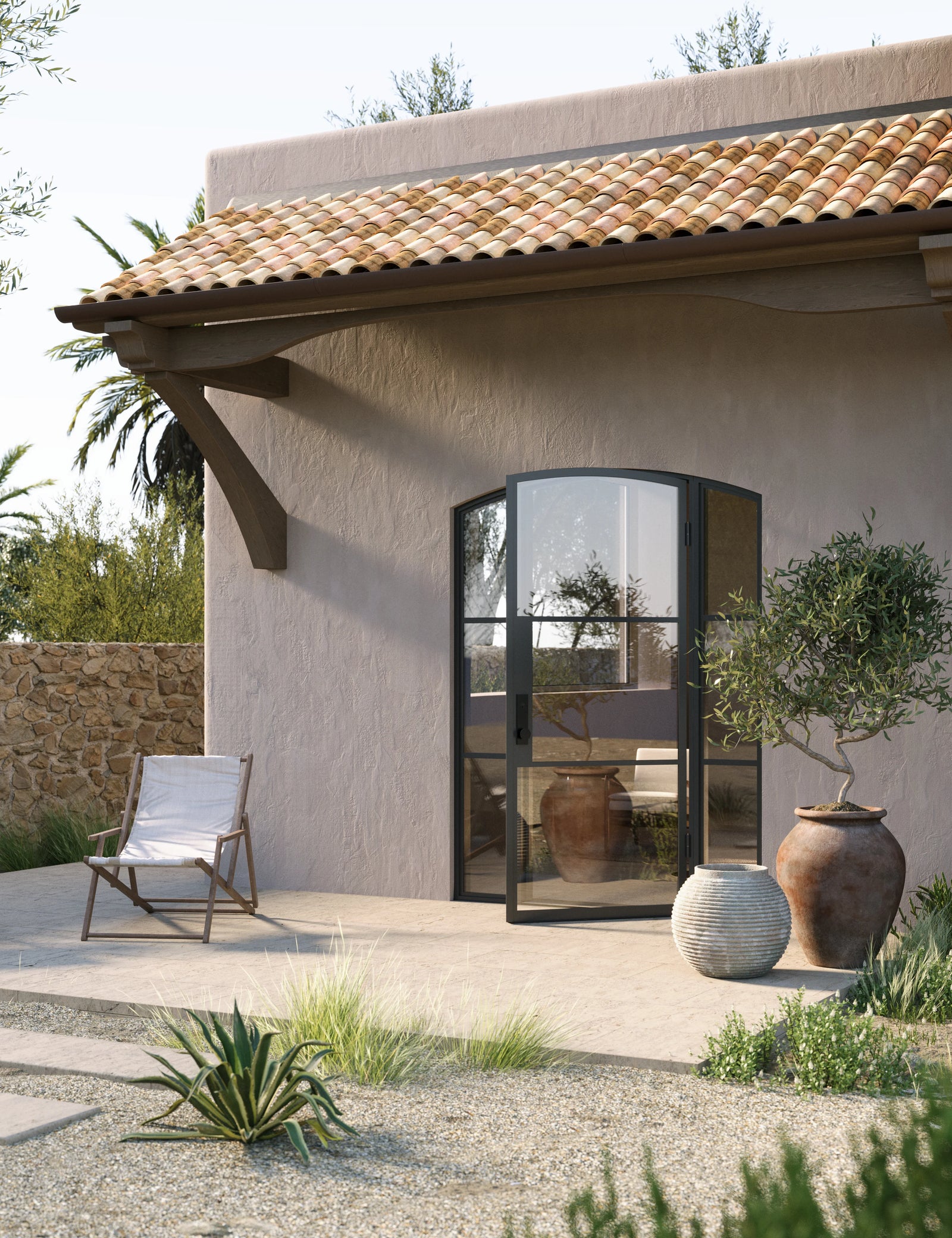 Thermally broken arched steel entry door with side glass panels