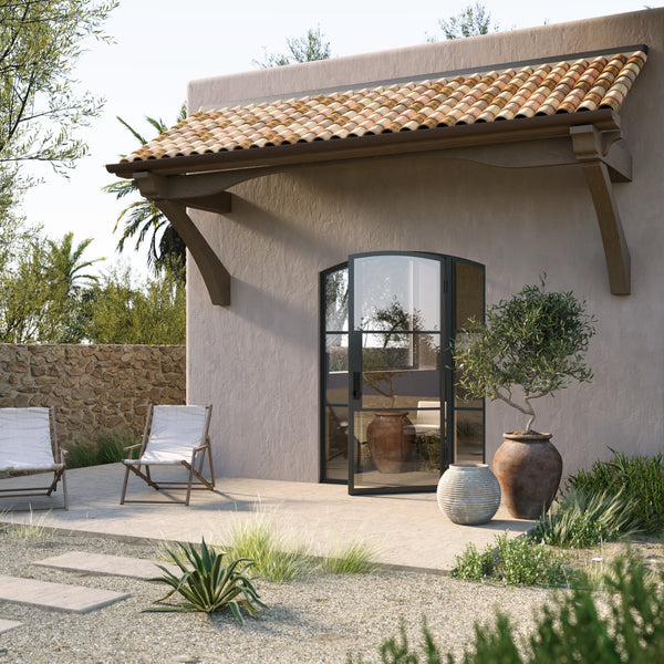 Thermally broken arched steel entry door with side glass panels