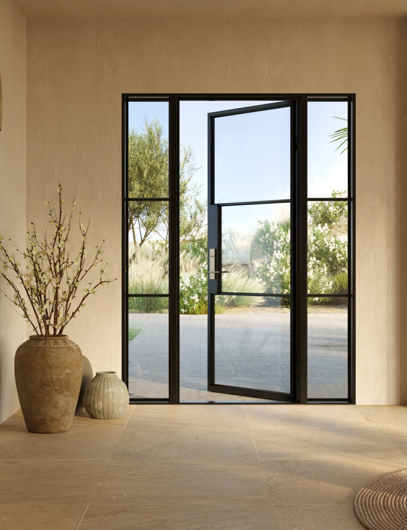 Modern single panel steel entry door with side windows and insulation