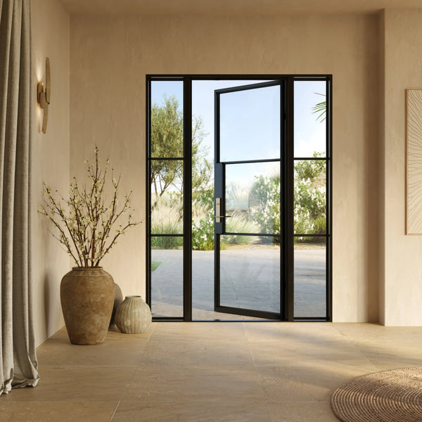 Modern single panel steel entry door with side windows and insulation