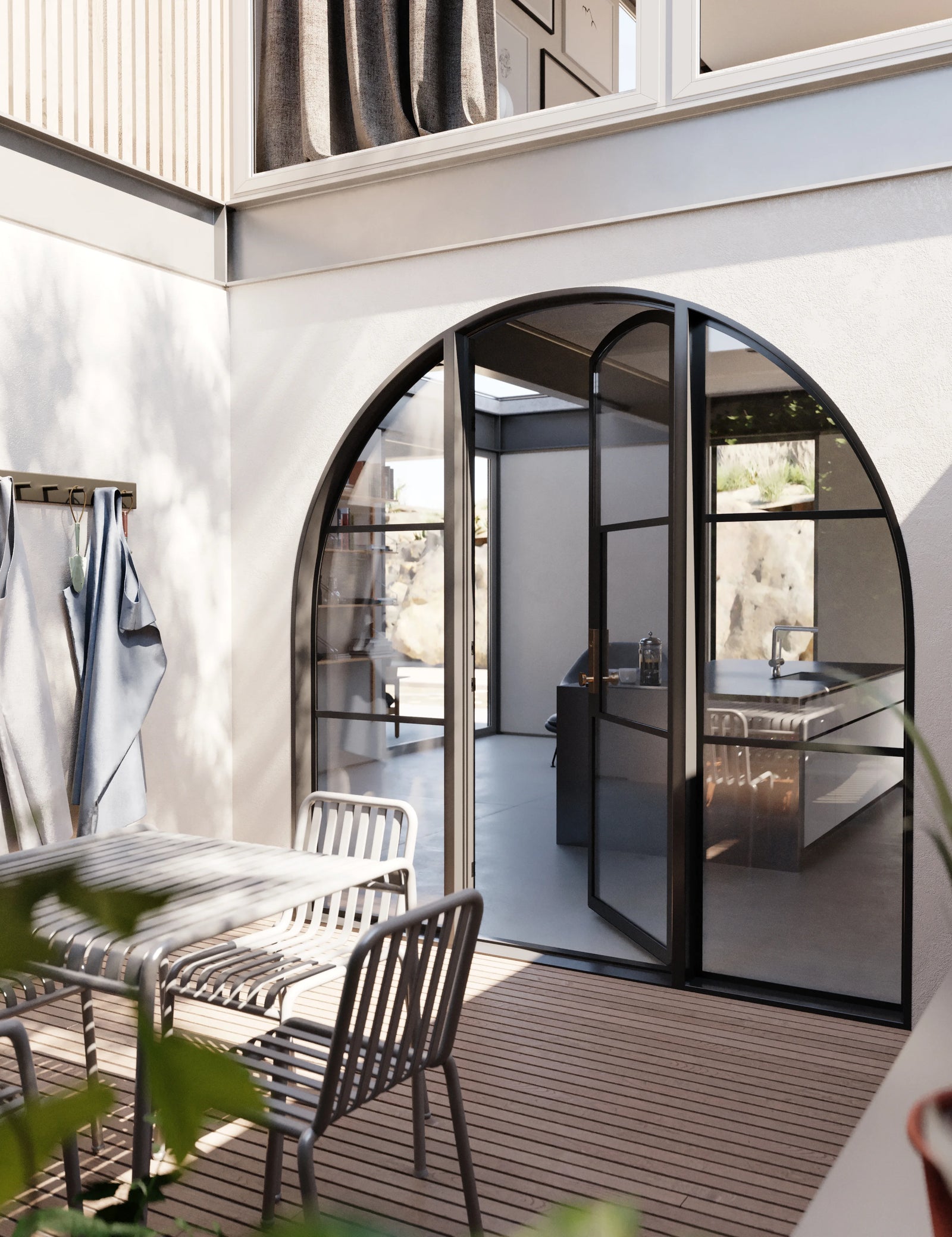 Thermally broken arched steel entry door with side glass panels