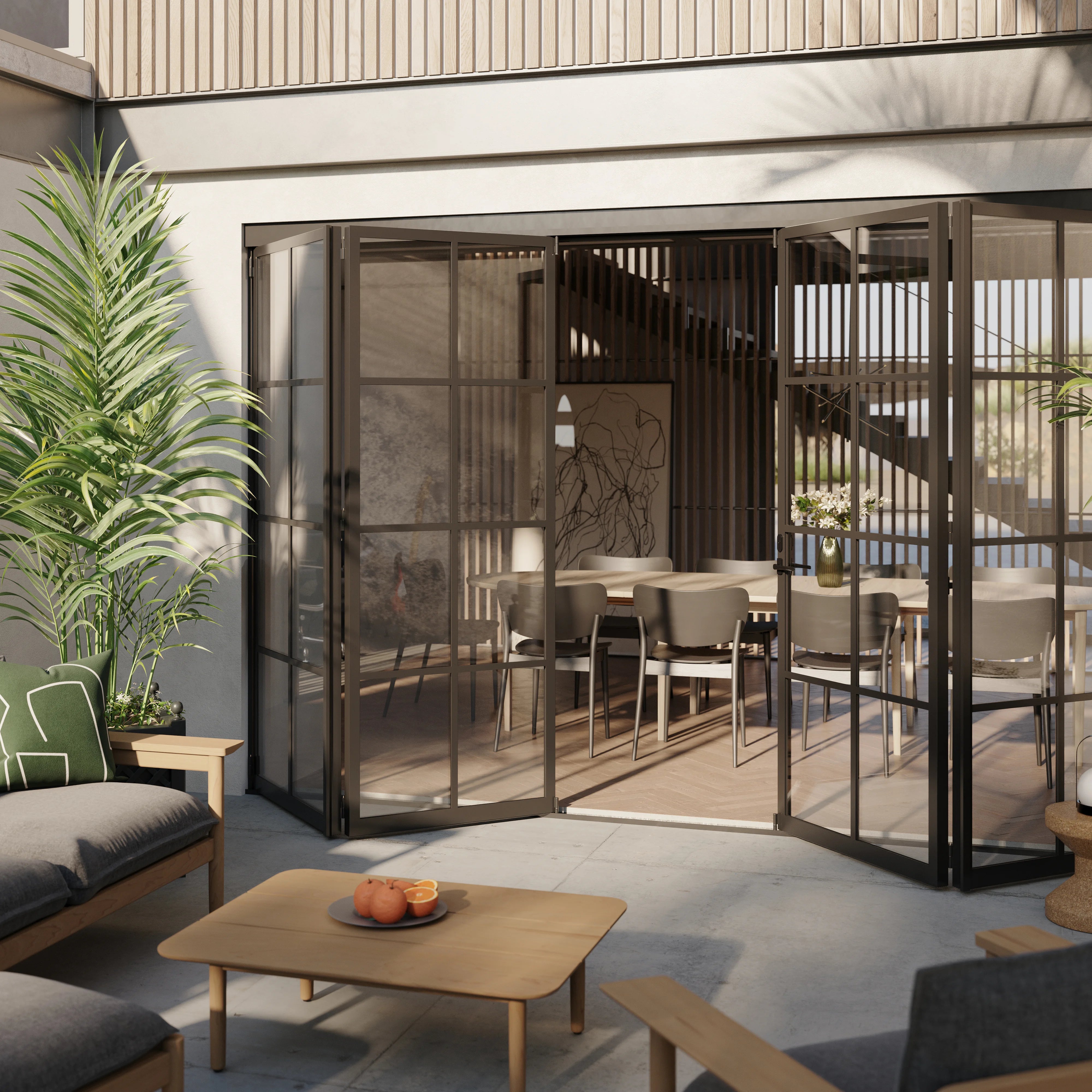 folding steel patio doors with insulated thermal barrier construction