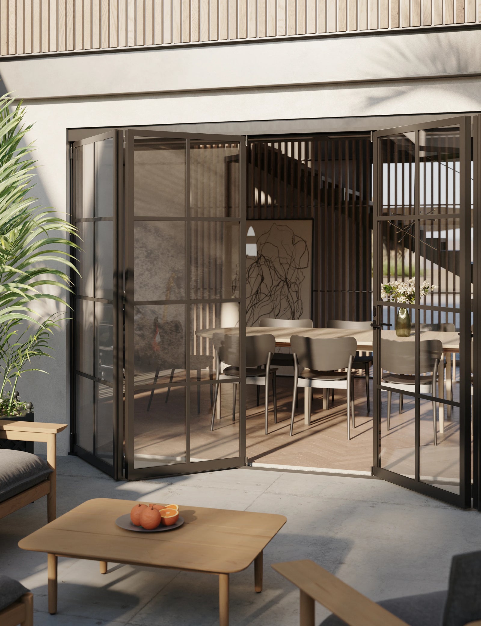 Air 5 exterior center split bi-fold door, architectural steel frame with glass lites