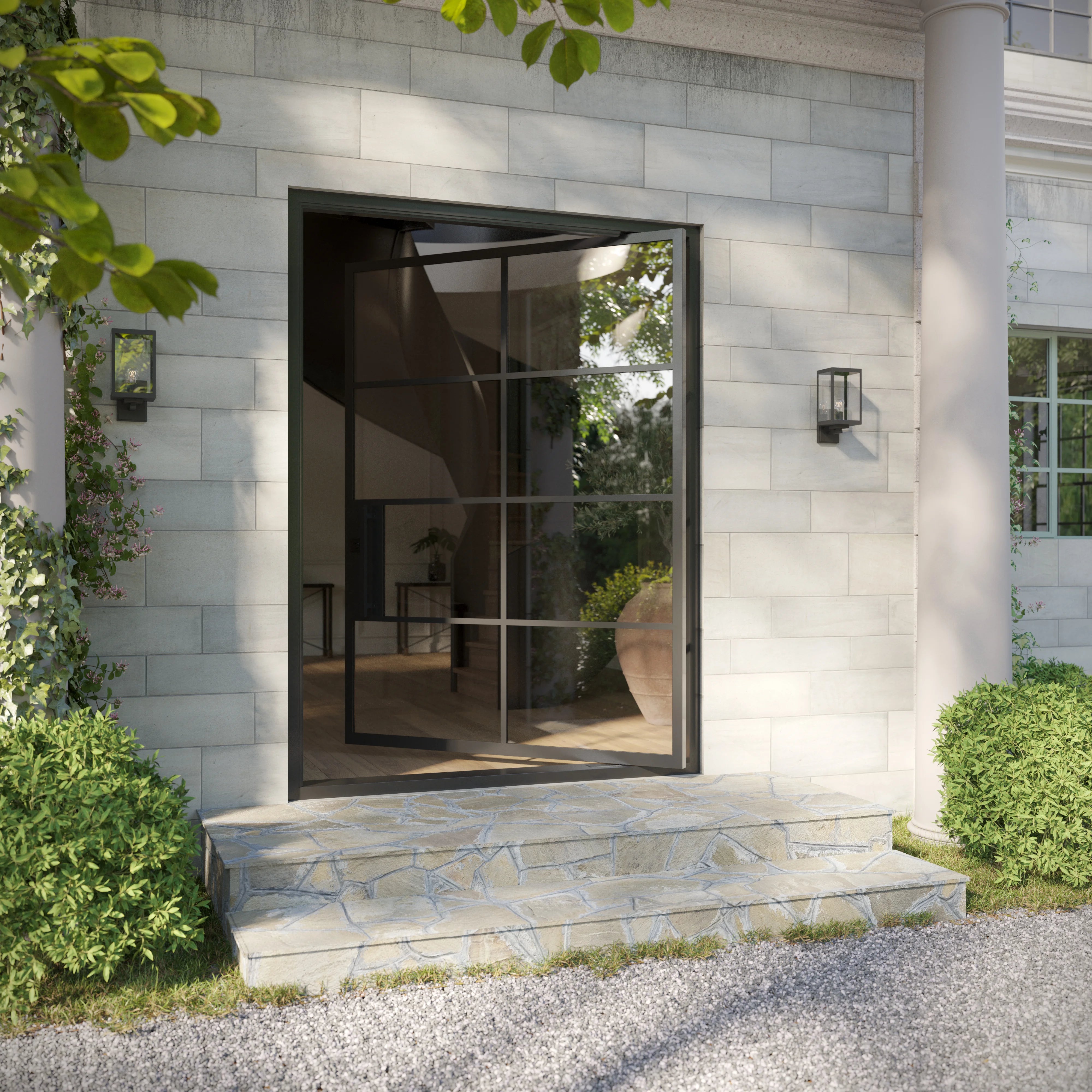 Air 5 pivot flat steel door with slim cold-rolled steel frame and clear glass