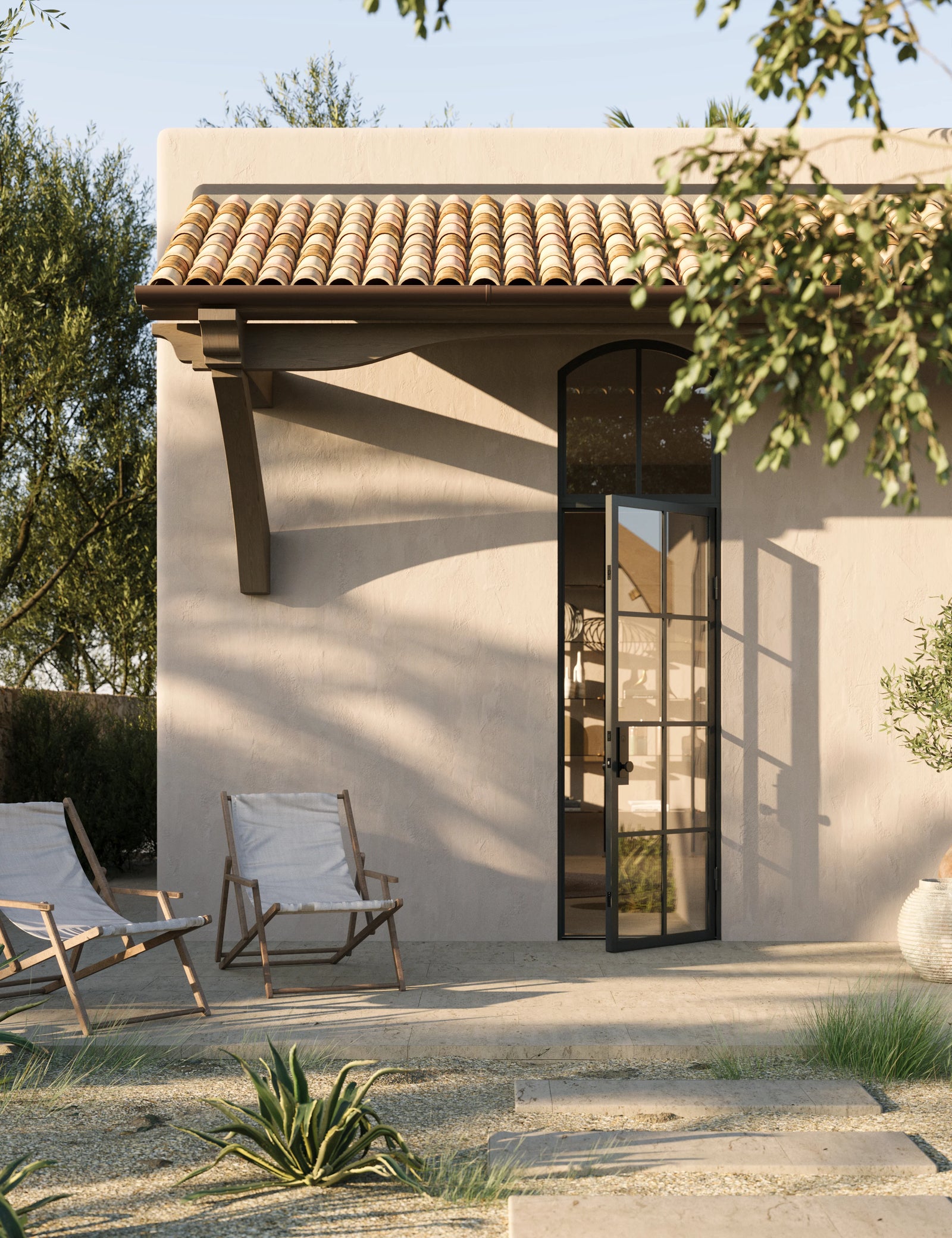 modern single entry with curved top window and insulated frame