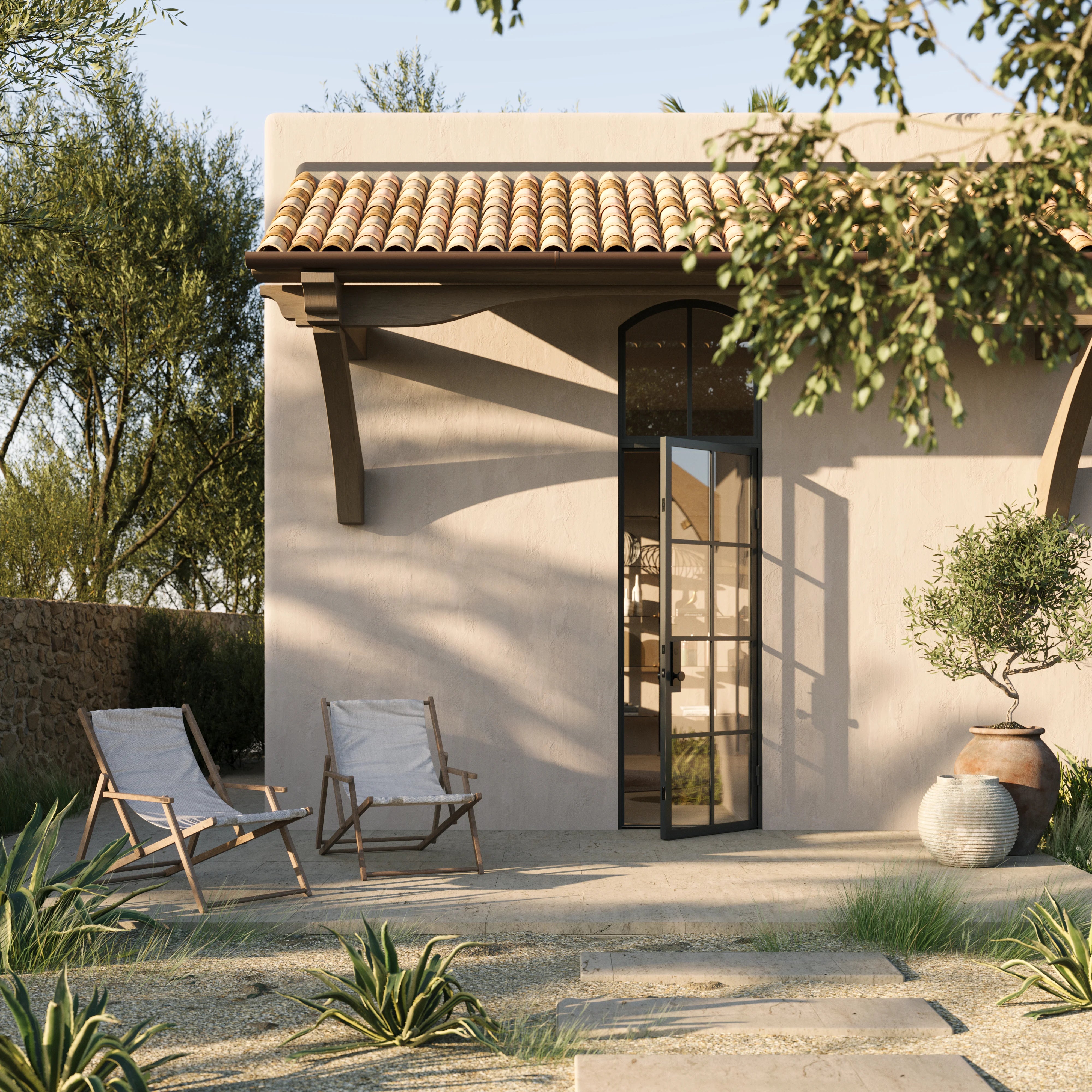 modern single entry with curved top window and insulated frame
