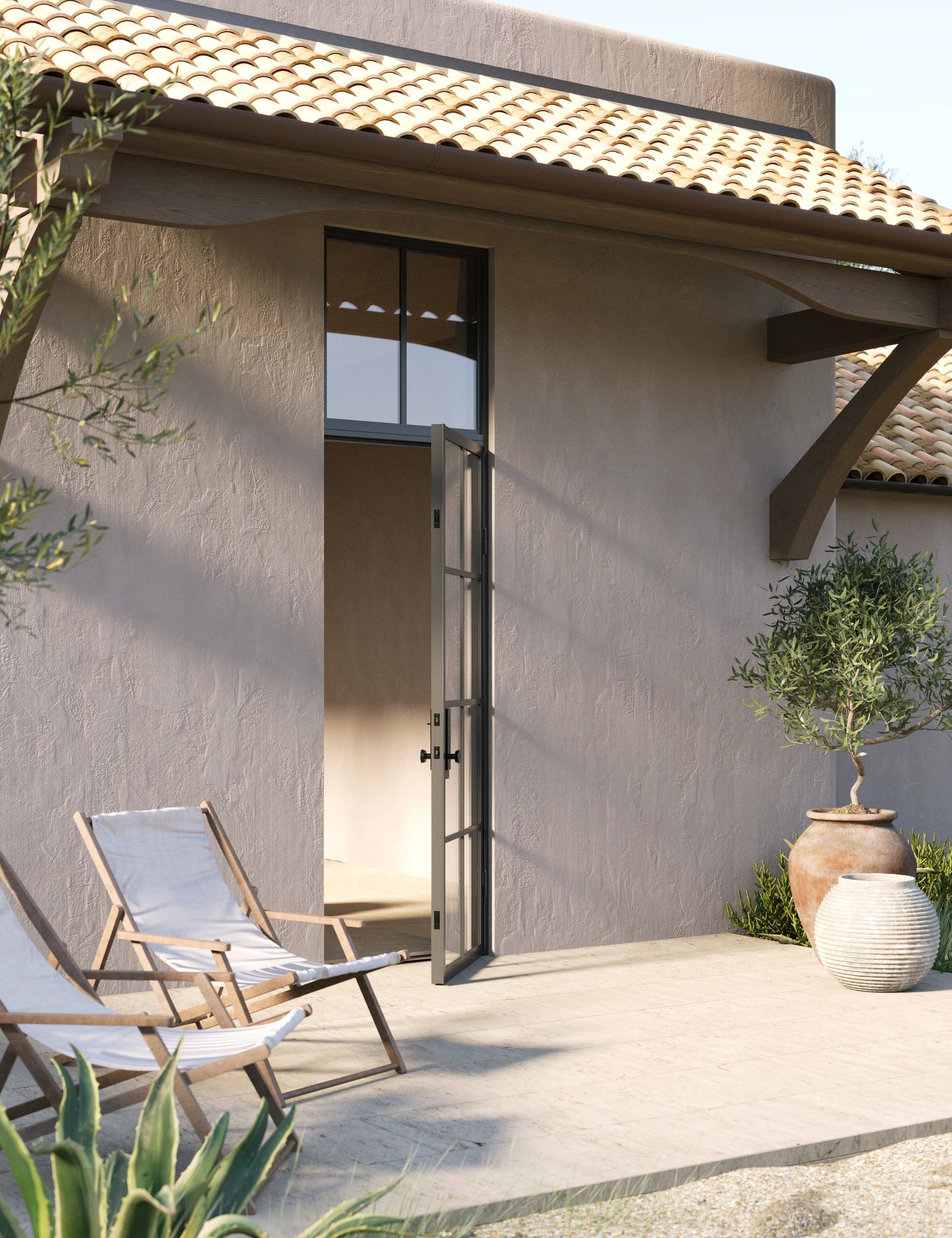Exterior single flat architectural steel door with flat top window, NFRC rated and prehung