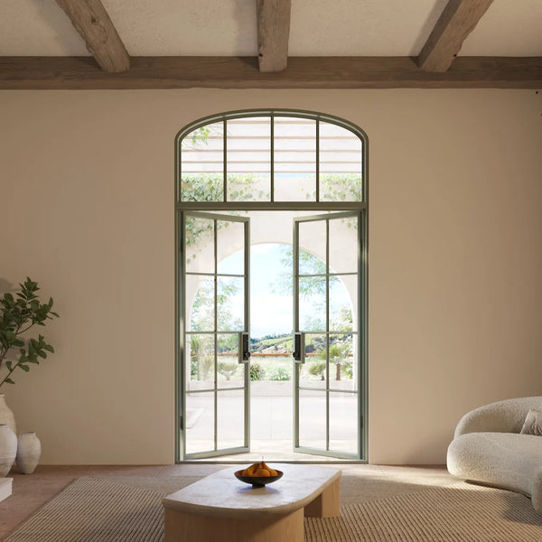 Exterior double flat architectural steel doors with mini arch top window, NFRC rated and prehung