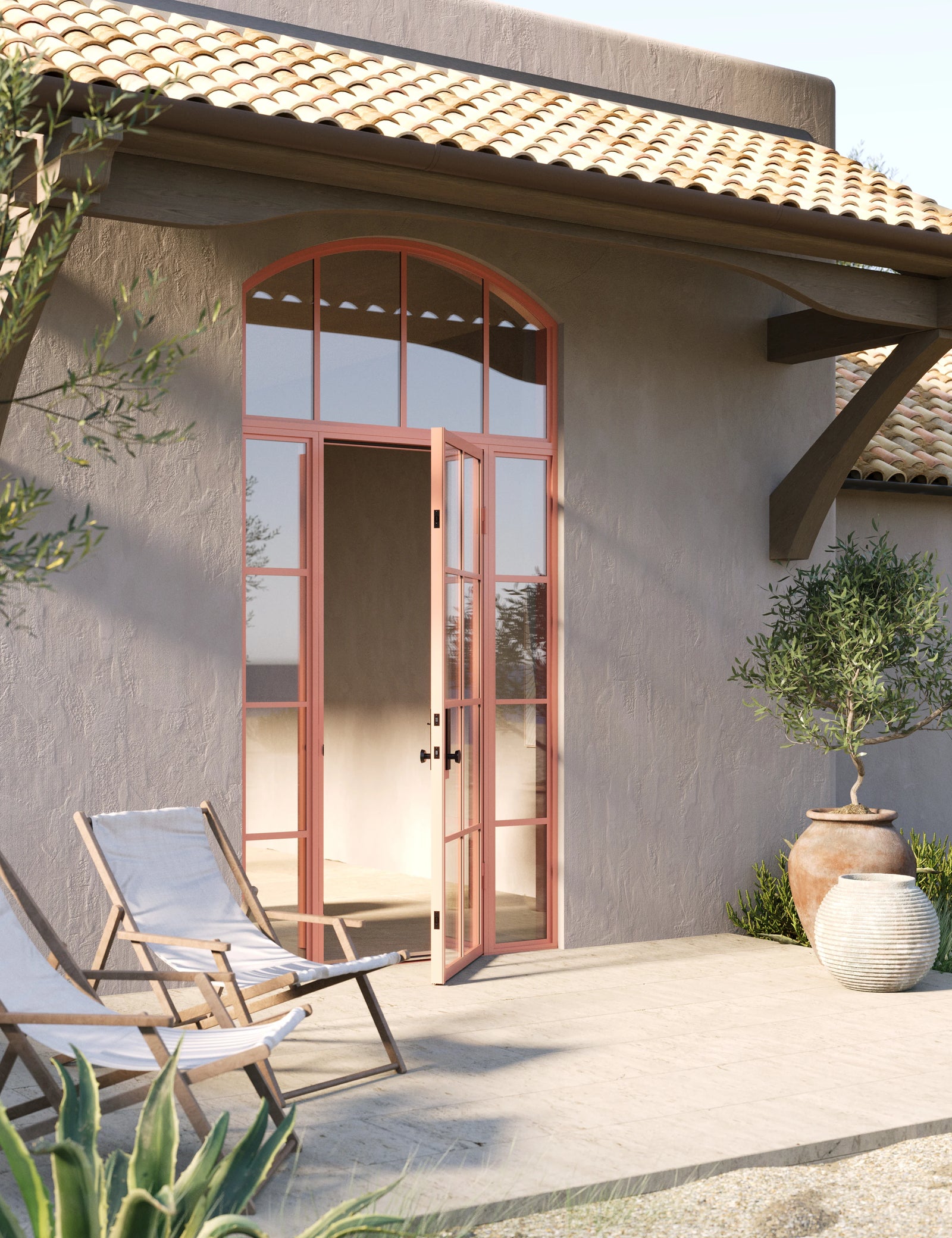 Air 5 single flat steel entry door with side windows and arched top glass, prehung