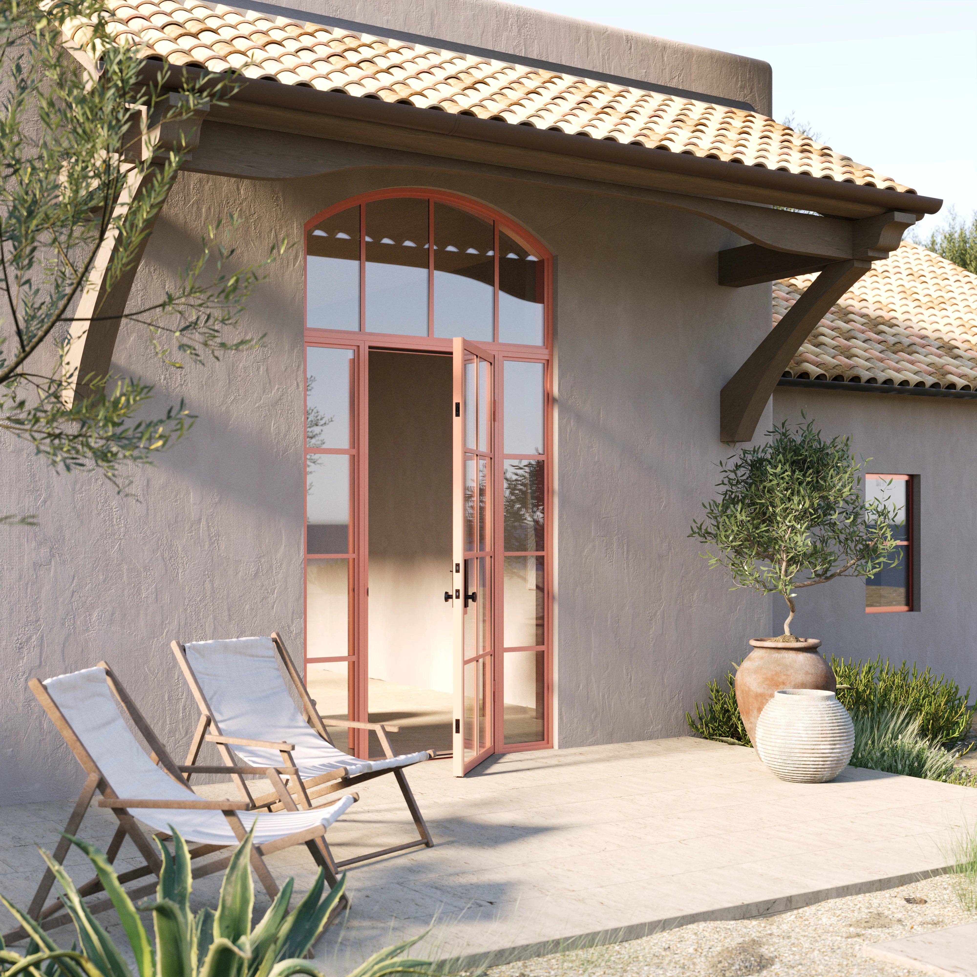 Air 5 single flat steel entry door with side windows and arched top glass, prehung