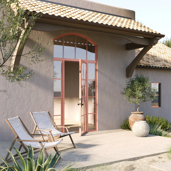 Air 5 single flat steel entry door with side windows and arched top glass, prehung