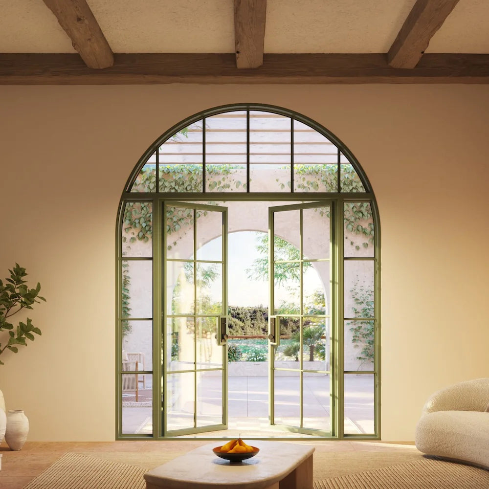 Air 5 double flat steel entry with side windows and full arch top glass, prehung