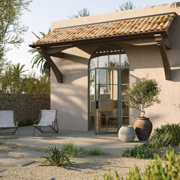 modern single entry door with side windows and arched top glass and insulated steel frame