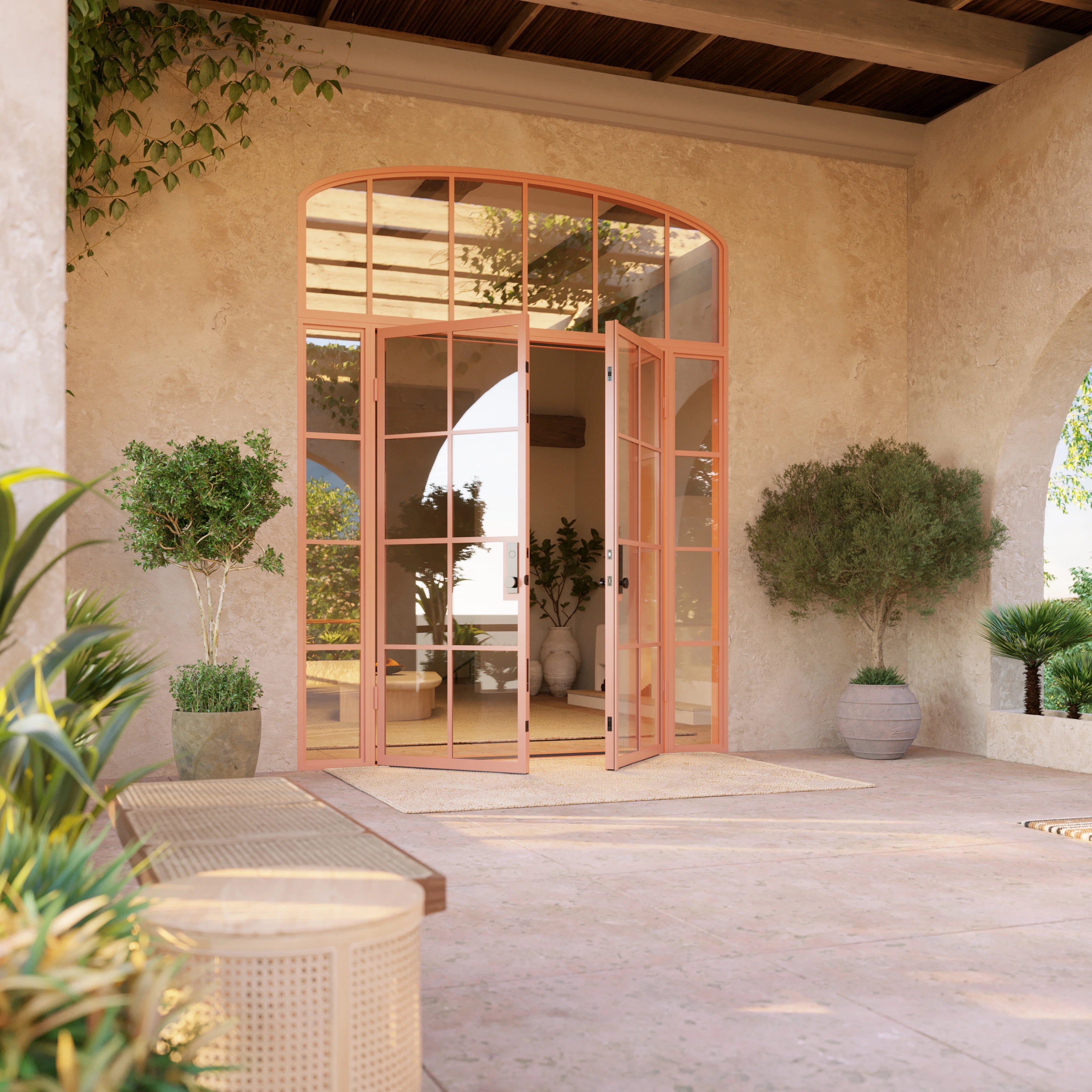 Air 5 double flat steel entry with side windows and mini arch top glass, prehung