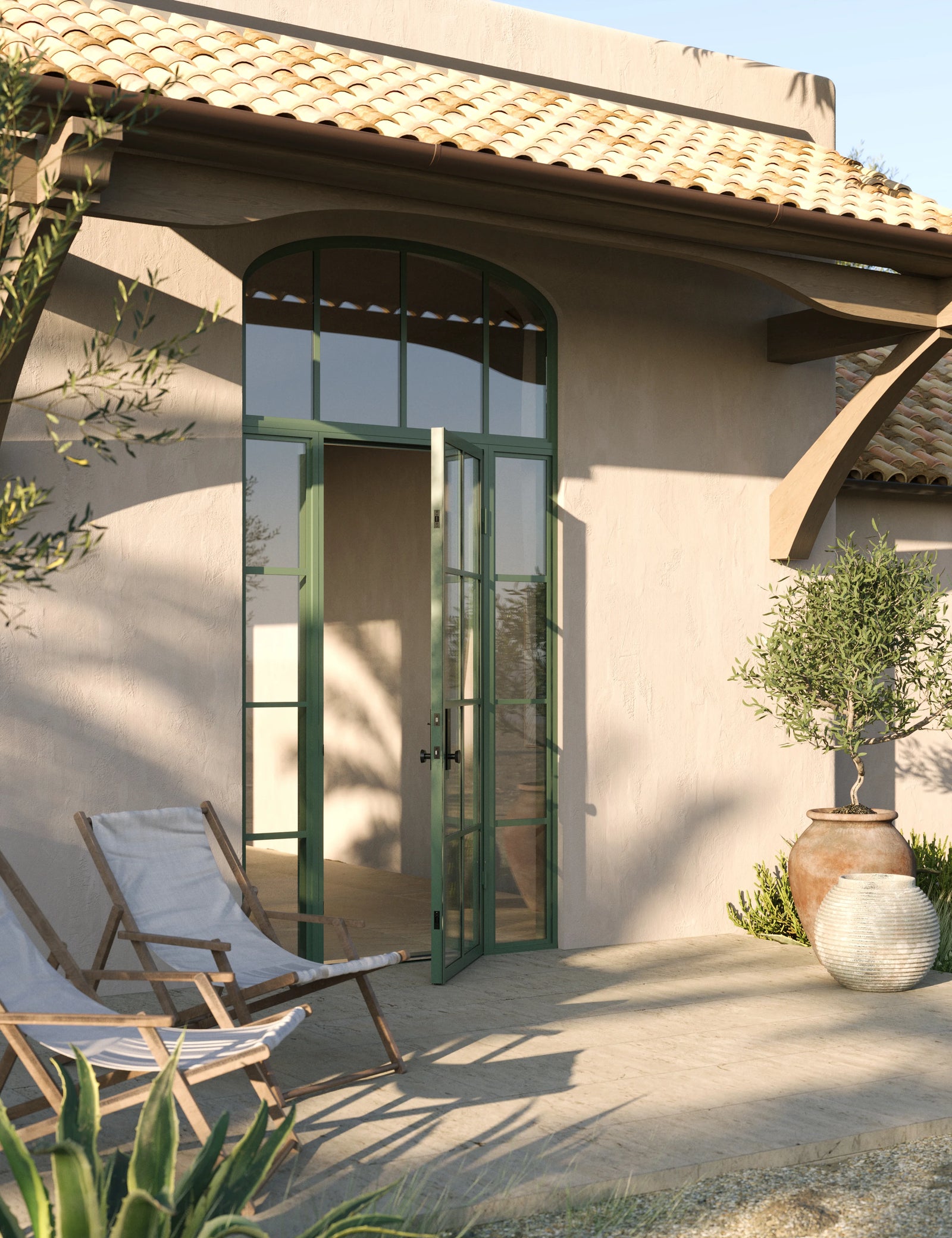 Air 5 single flat steel entry with side windows and mini arch top glass