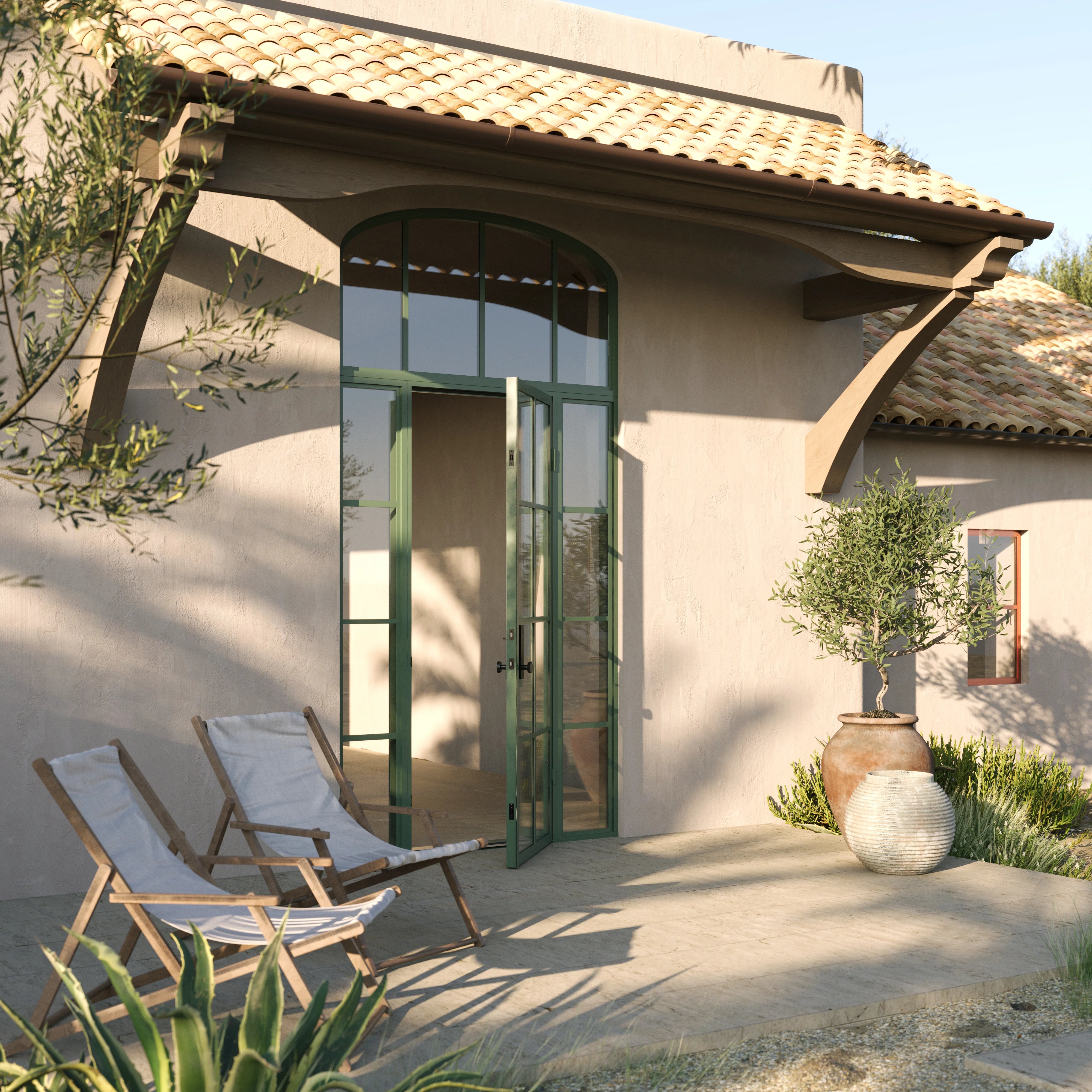 Air 5 single flat steel entry with side windows and mini arch top glass