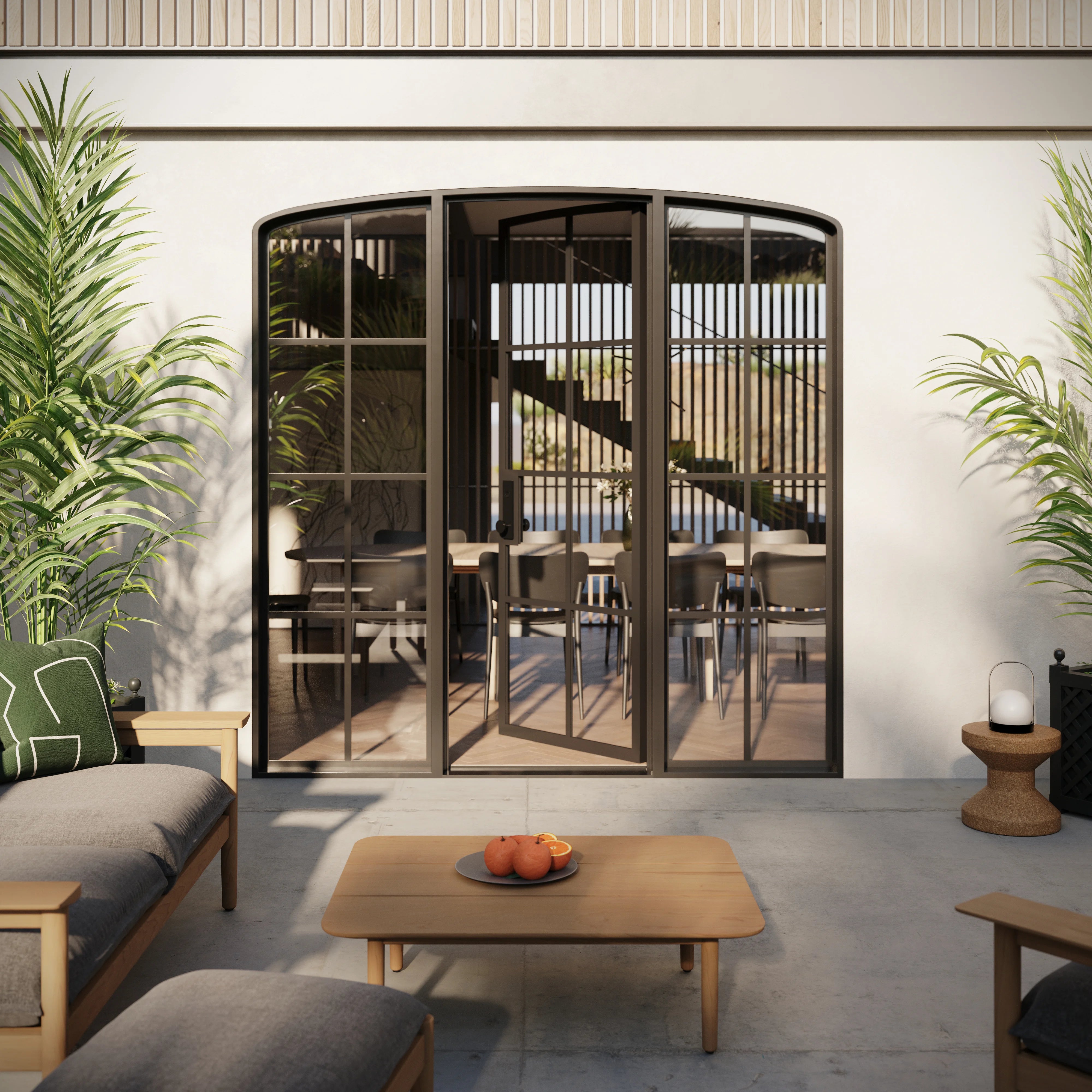 Modern single mini arch steel front door with side windows and dual-pane glazing