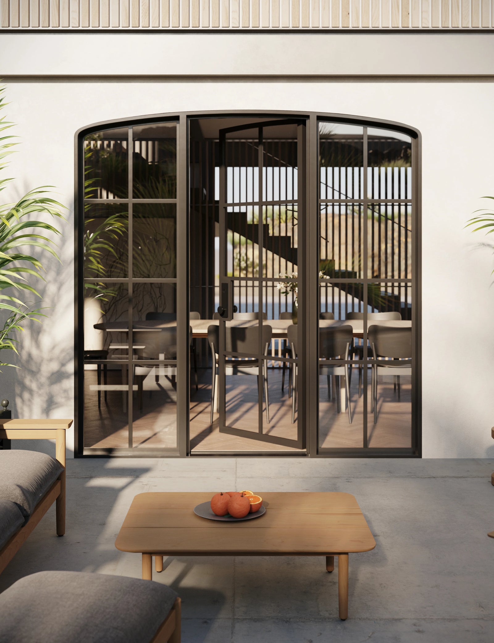 Modern single mini arch steel entry door with side windows