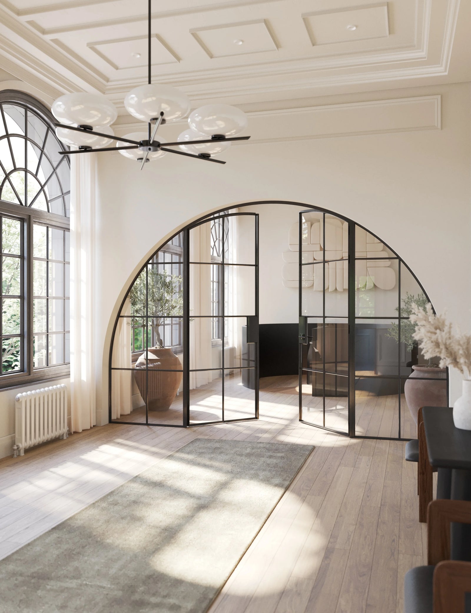 Air 5 wide double full arch interior doors with side windows in solid steel
