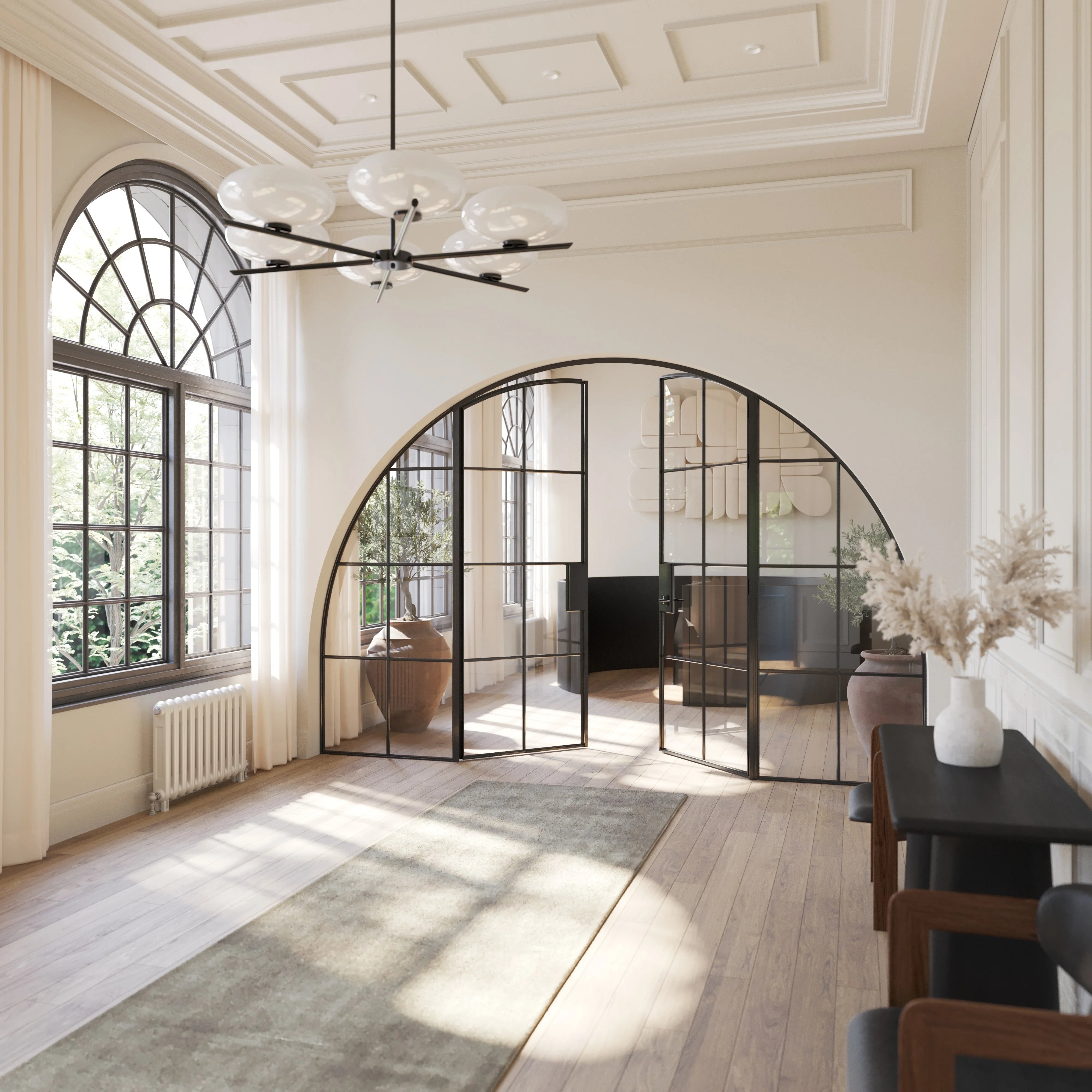 Air 5 wide double full arch interior doors with side windows in solid steel