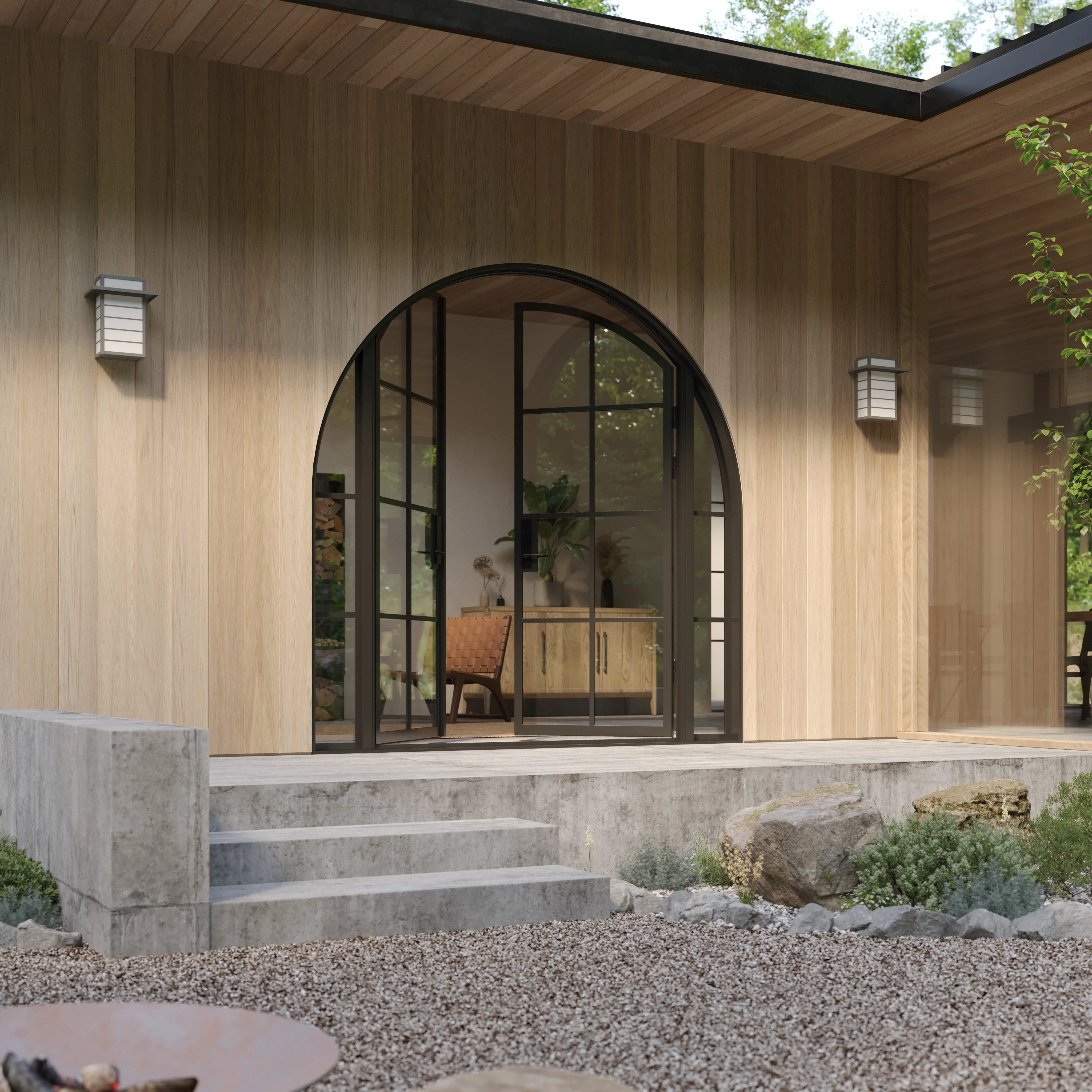 Modern double full arch steel entry door and side windows