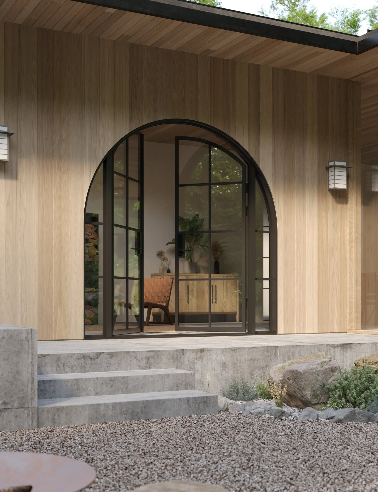 Modern double full arch exterior steel door and side windows