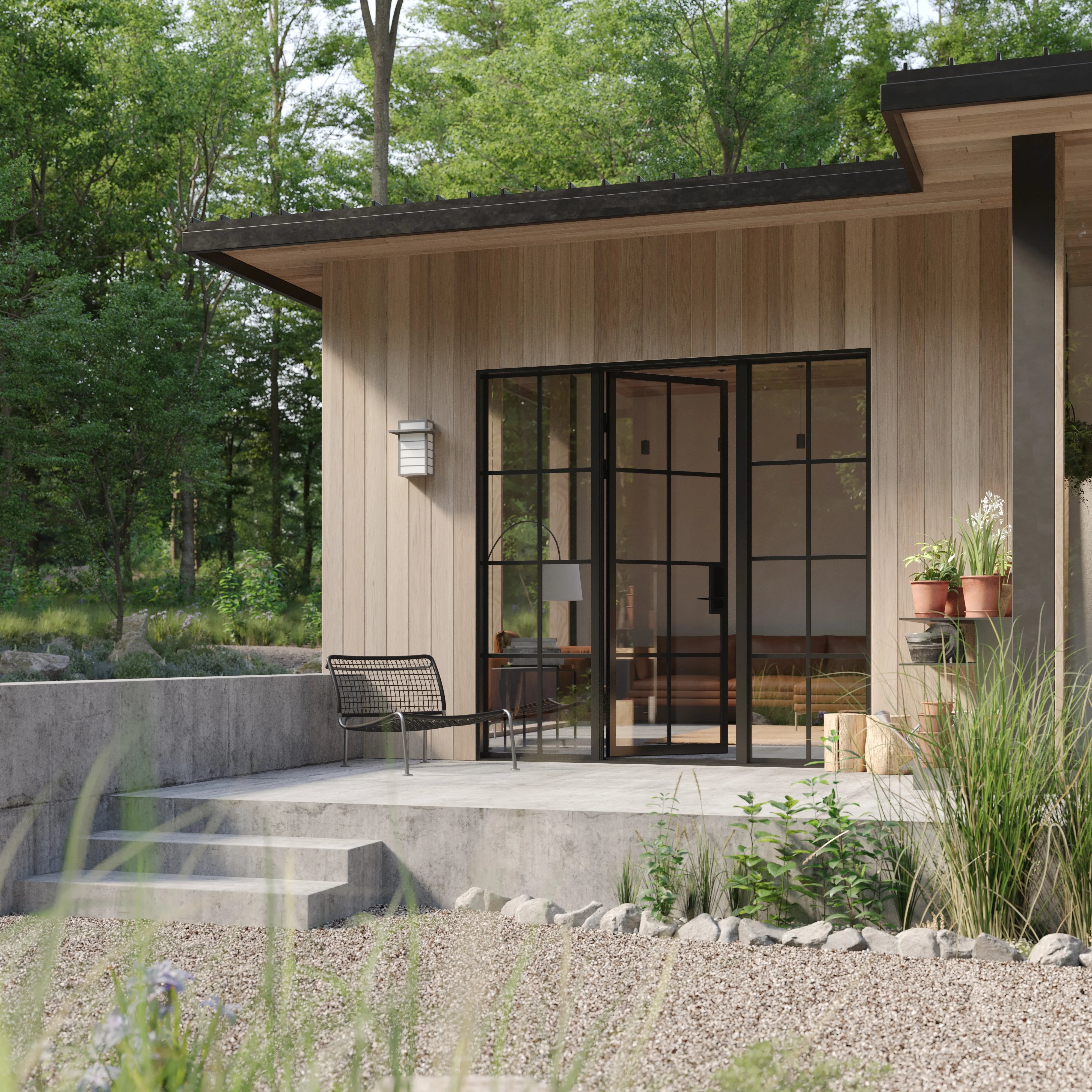 Modern single flat exterior steel door and side windows with insulated glass