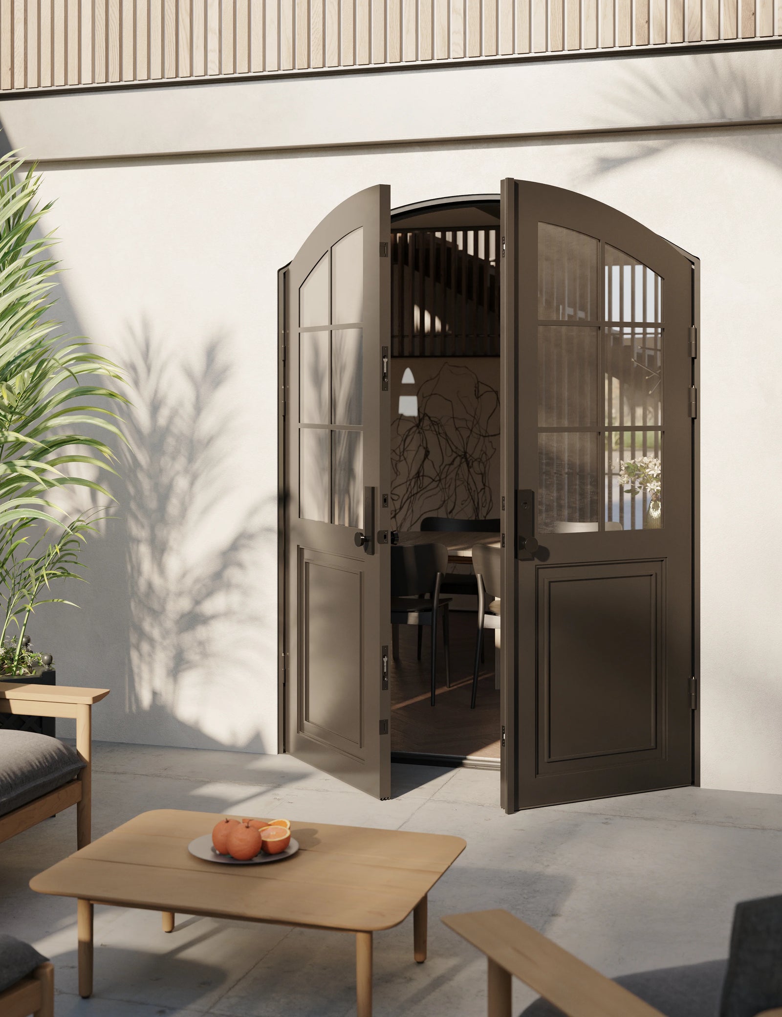 Air Getty double arch steel front doors, classic European style arched architectural steel entry