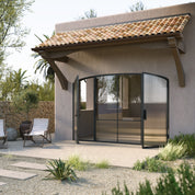 Contemporary architectural steel double doors with mini arch center panel, Air Grand insulated tempered glass system