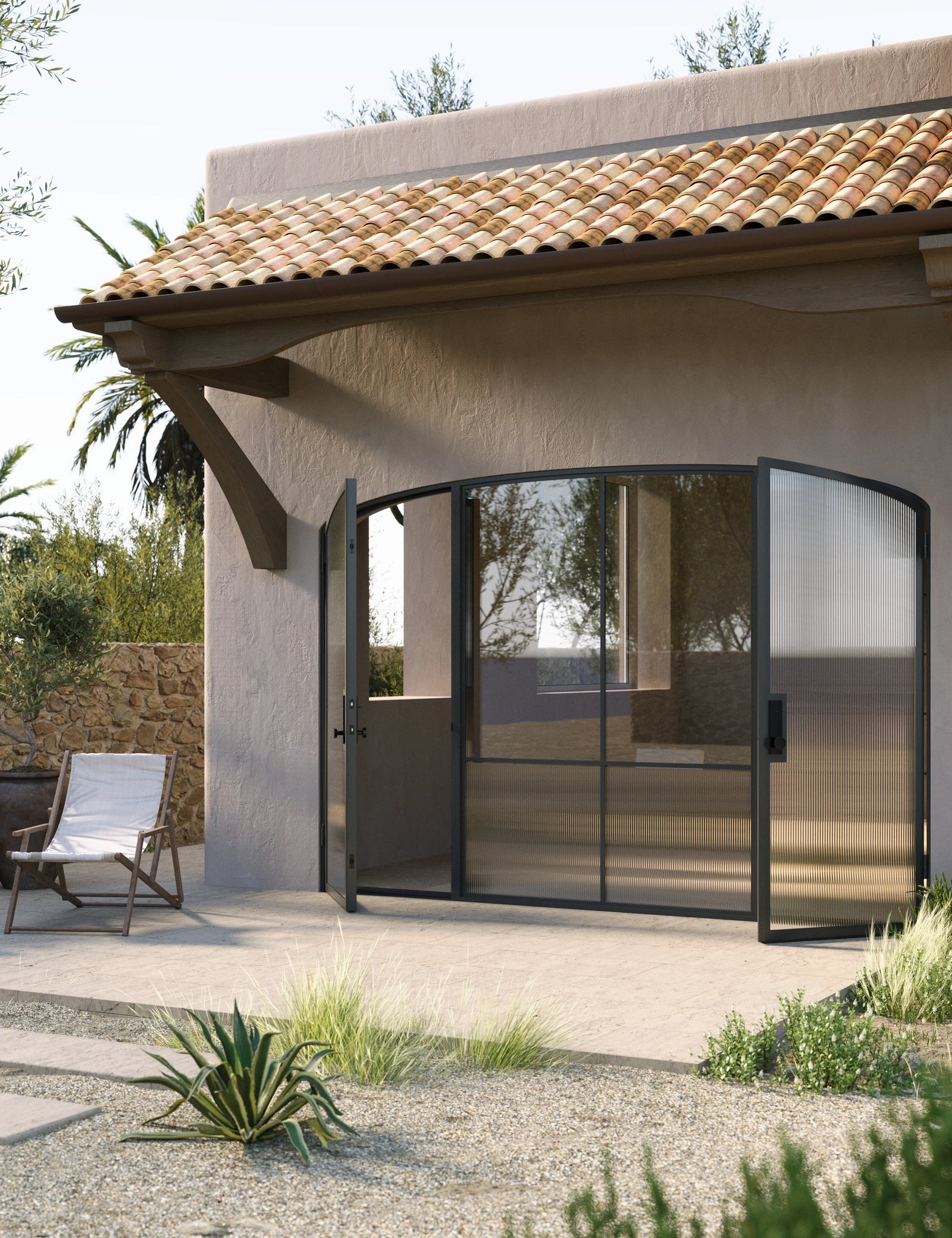 Contemporary architectural steel double doors with mini arch center panel, Air Grand insulated tempered glass system