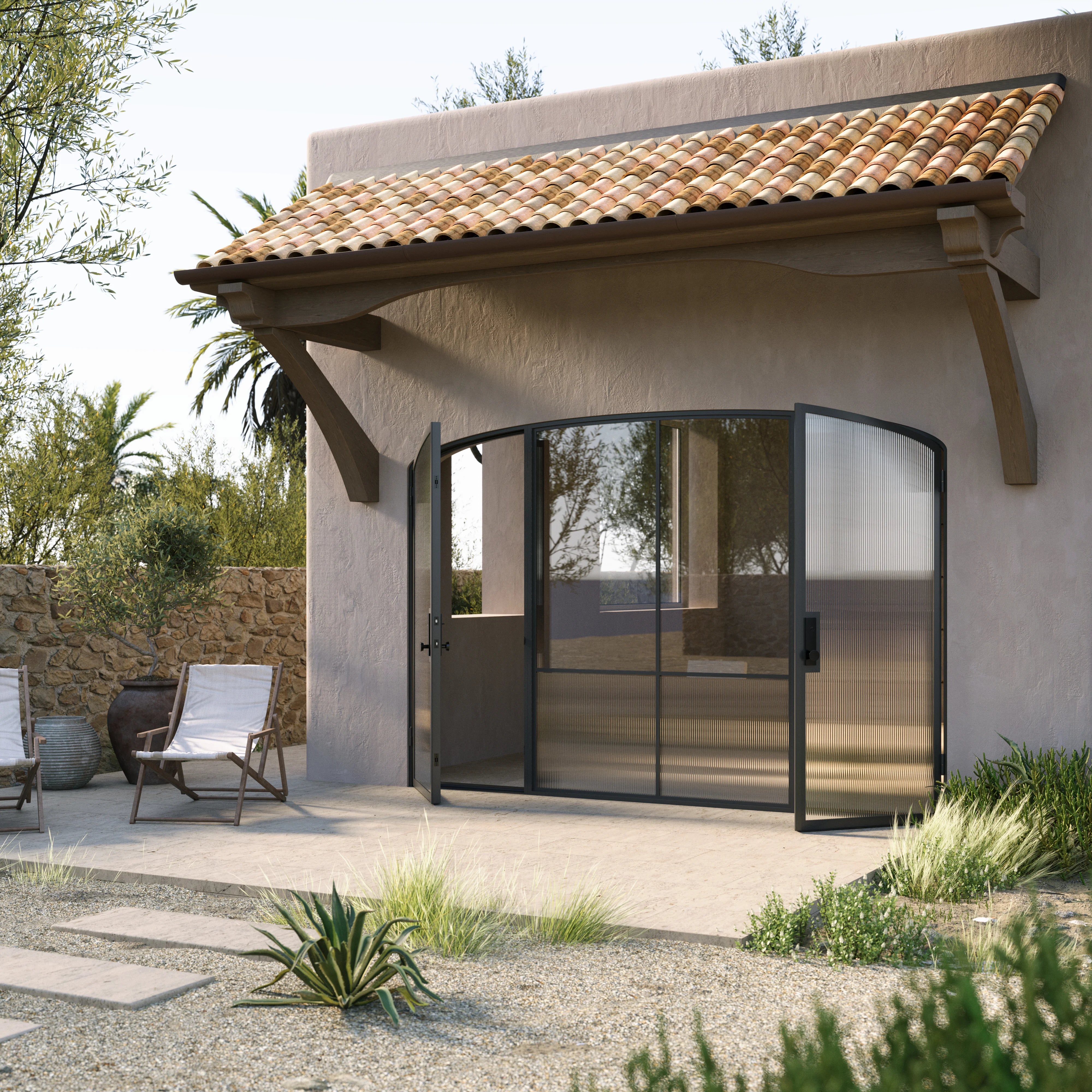 Contemporary architectural steel double doors with mini arch center panel, Air Grand insulated tempered glass system