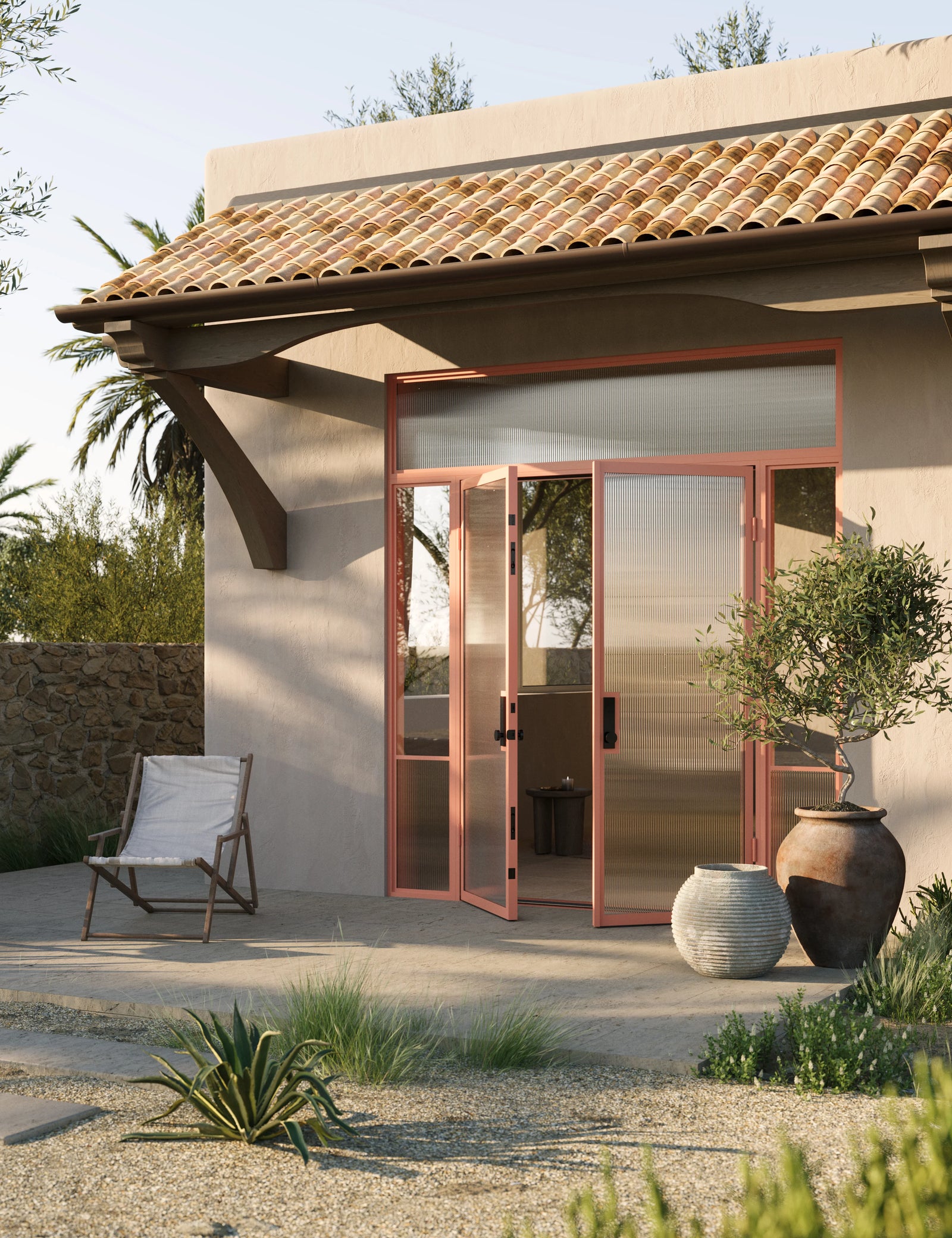Contemporary thermal break steel double doors with sidelights and flat transom window, energy efficient architectural steel frame