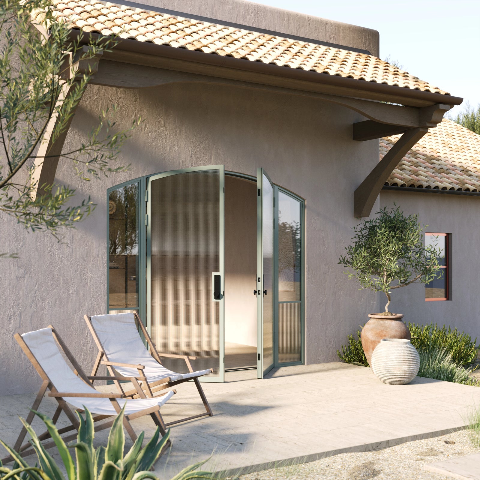 Modern architectural steel double arch front doors with side windows, Air Grand galvanized steel construction with ribbed glass accents
