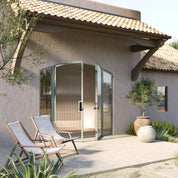Modern architectural steel double arch front doors with side windows, Air Grand galvanized steel construction with ribbed glass accents